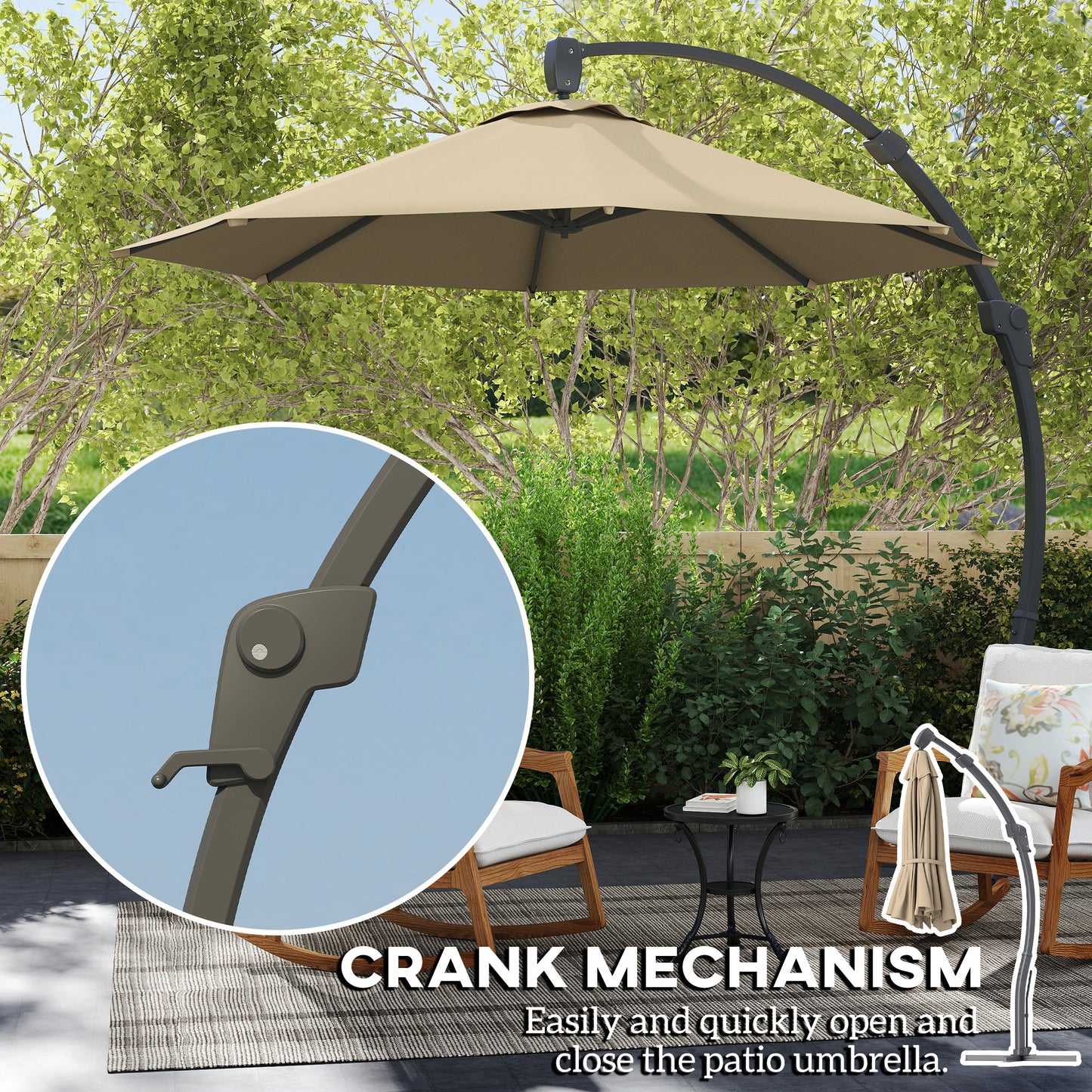 Outsunny 3(m) Garden Cantilever Parasol, Round Overhanging Umbrella with Crank Handle, Cross Base, Aluminium Frame and 360Â° Rotation, Banana Patio Umbrella for Outdoor Sun Shade, Khaki