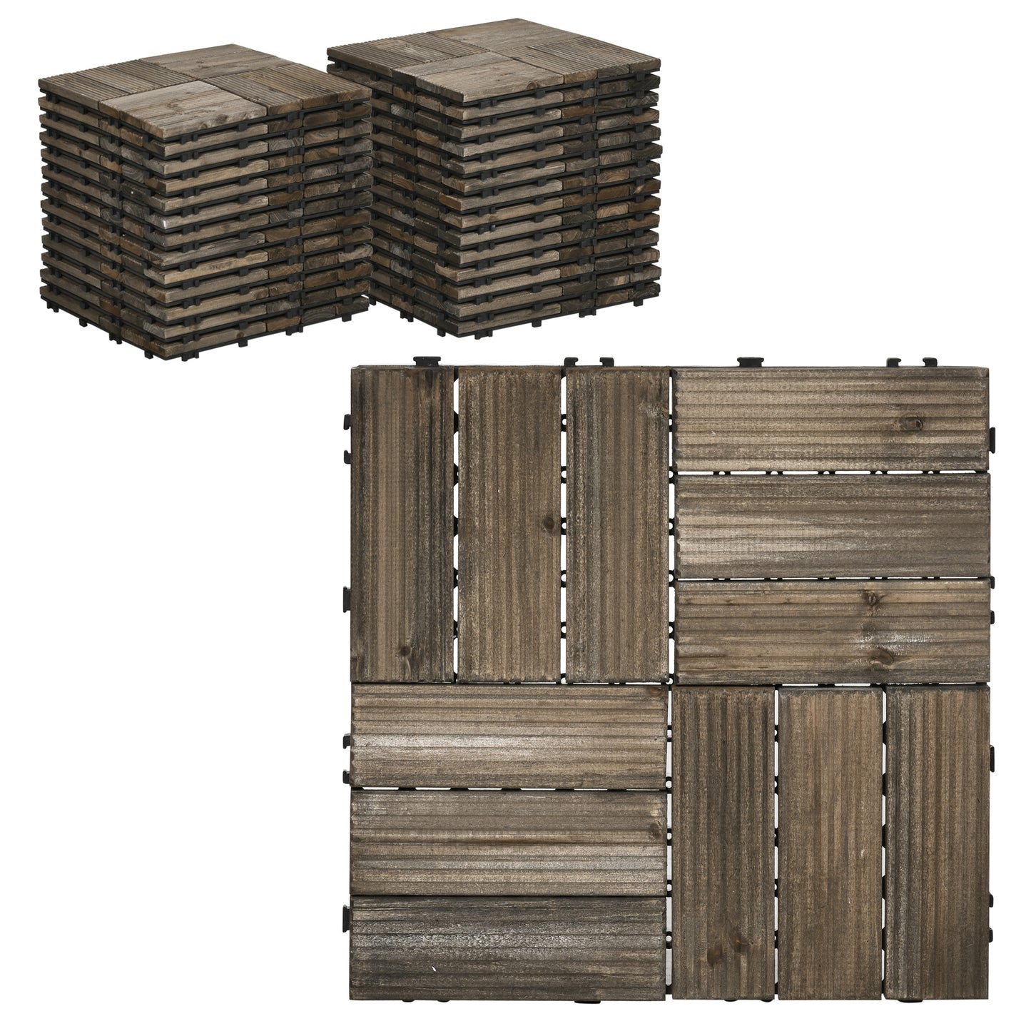 Outsunny 27 Pcs Wooden Interlocking Decking Tiles, Outdoor Flooring Tiles for Patio, Balcony, Terrace, Hot Tub, 30 x 30 cm per Piece, 2.5ãŽ¡ per Pack, Charcoal Grey