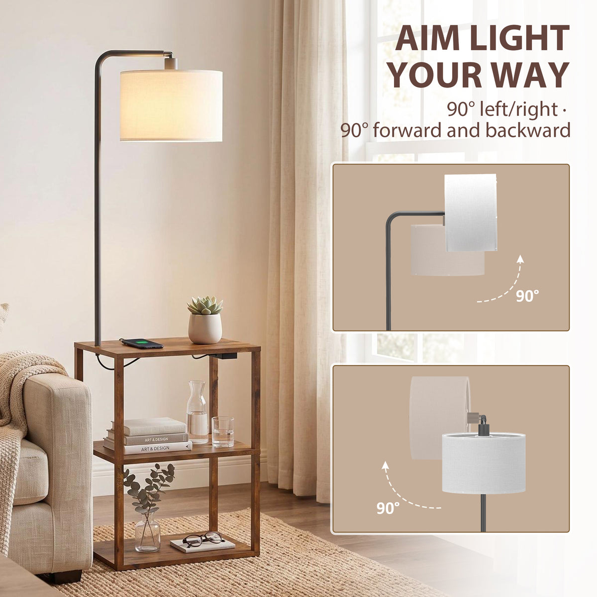 HOMCOM Dimmable Floor Lamp with Shelves, Charging Station, 3-Tier Storage Table, Adjustable Fabric Lampshade, Rustic Brown