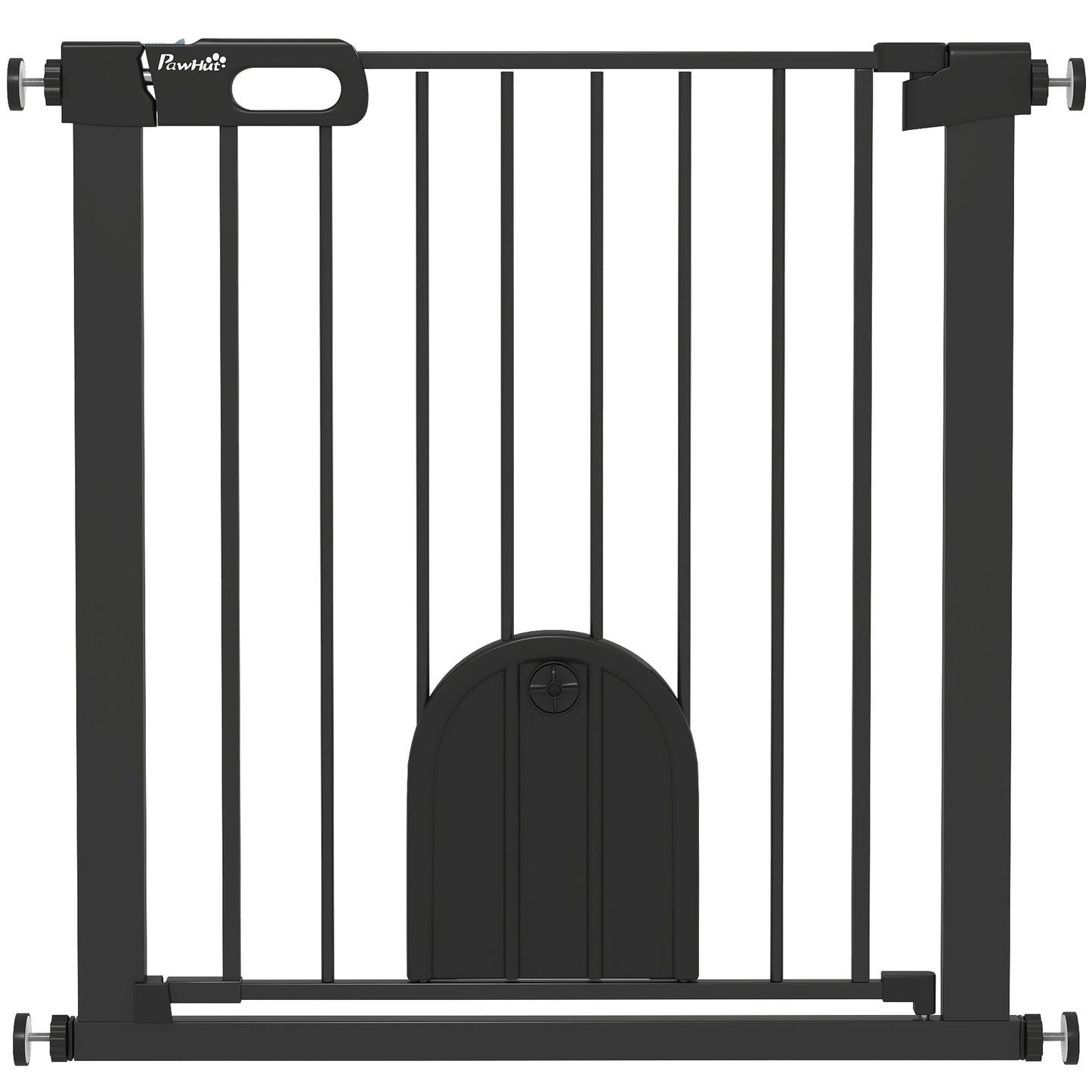 PawHut Dog Gate with Cat Flap Pet Safety Gate Barrier, Stair Pressure Fit, Auto Close, Double Locking, for Doorways, Hallways, 75-82 cm Black