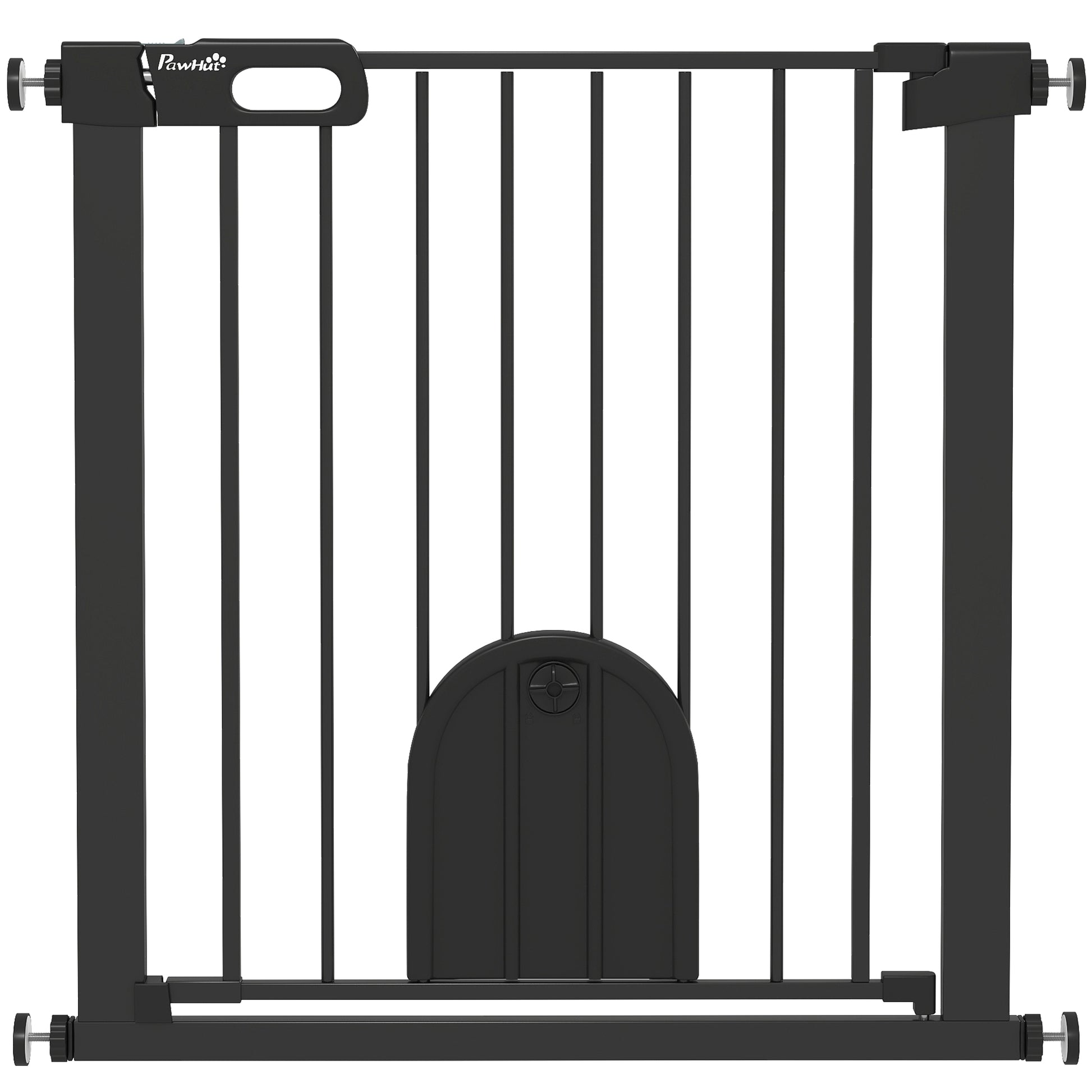 PawHut Dog Gate with Cat Flap Pet Safety Gate Barrier, Stair Pressure Fit, Auto Close, Double Locking, for Doorways, Hallways, 75-82 cm Black
