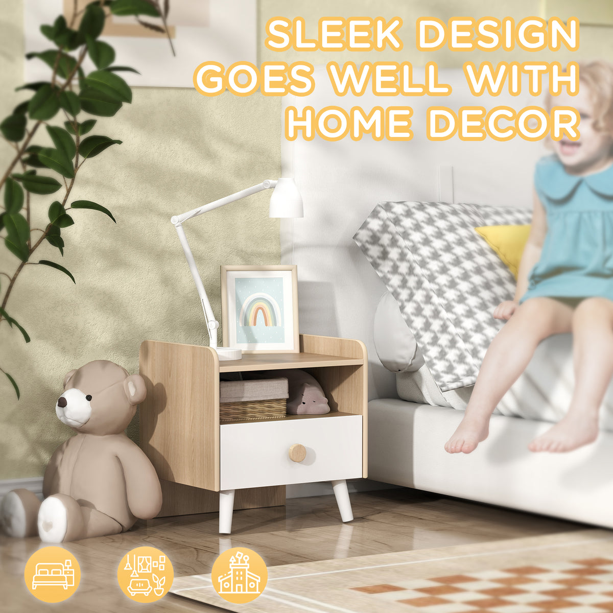 AIYAPLAY Kids Bedside Table with Drawer and Open Storage Shelf, Wooden Nightstand for Bedroom, Bedside Cabinet, White