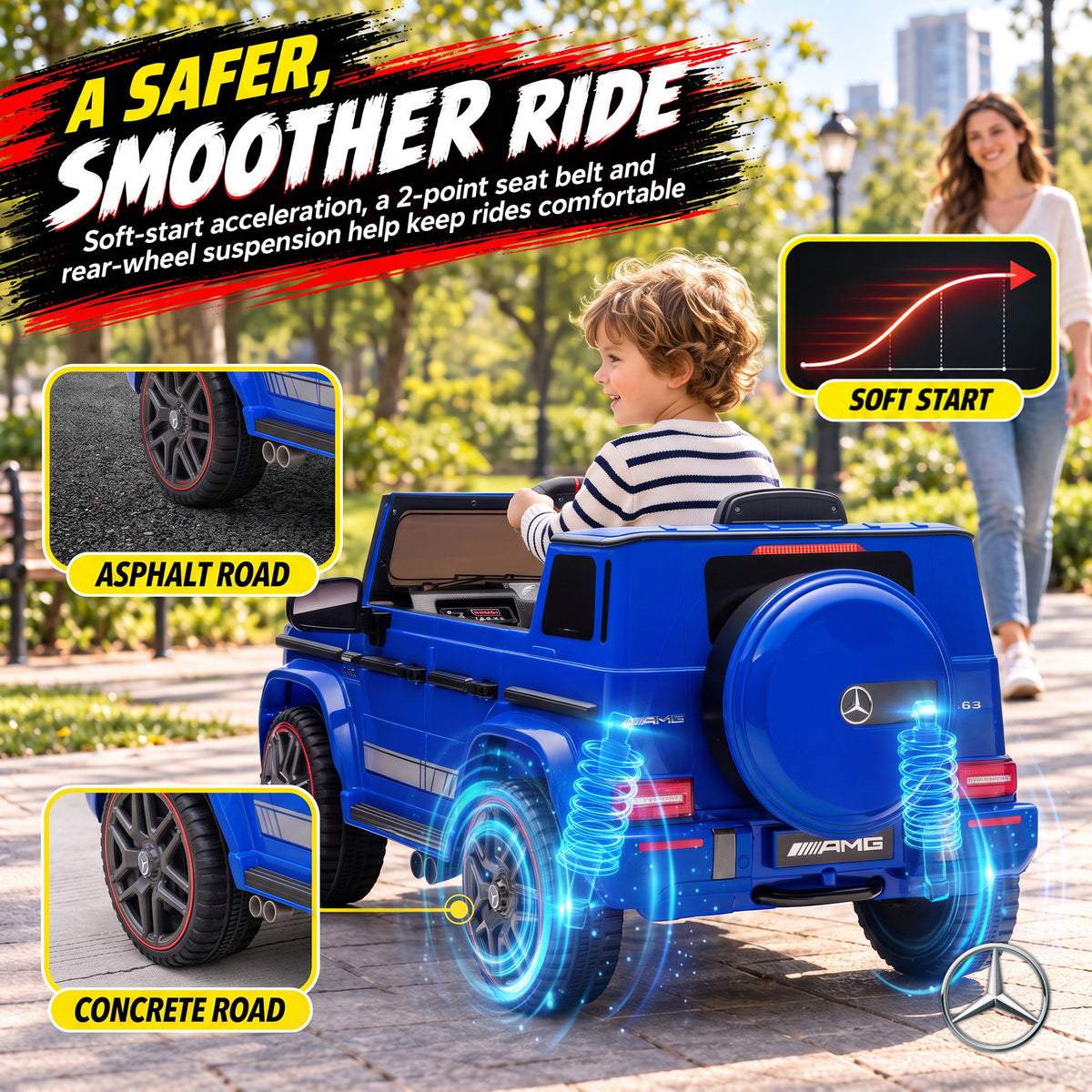 AIYAPLAY Licensed Mercedes-AMG G63 12V Kids Ride on Car with Remote Dual Motors Rear Suspension Slow Start for 3-6 Years, Blue