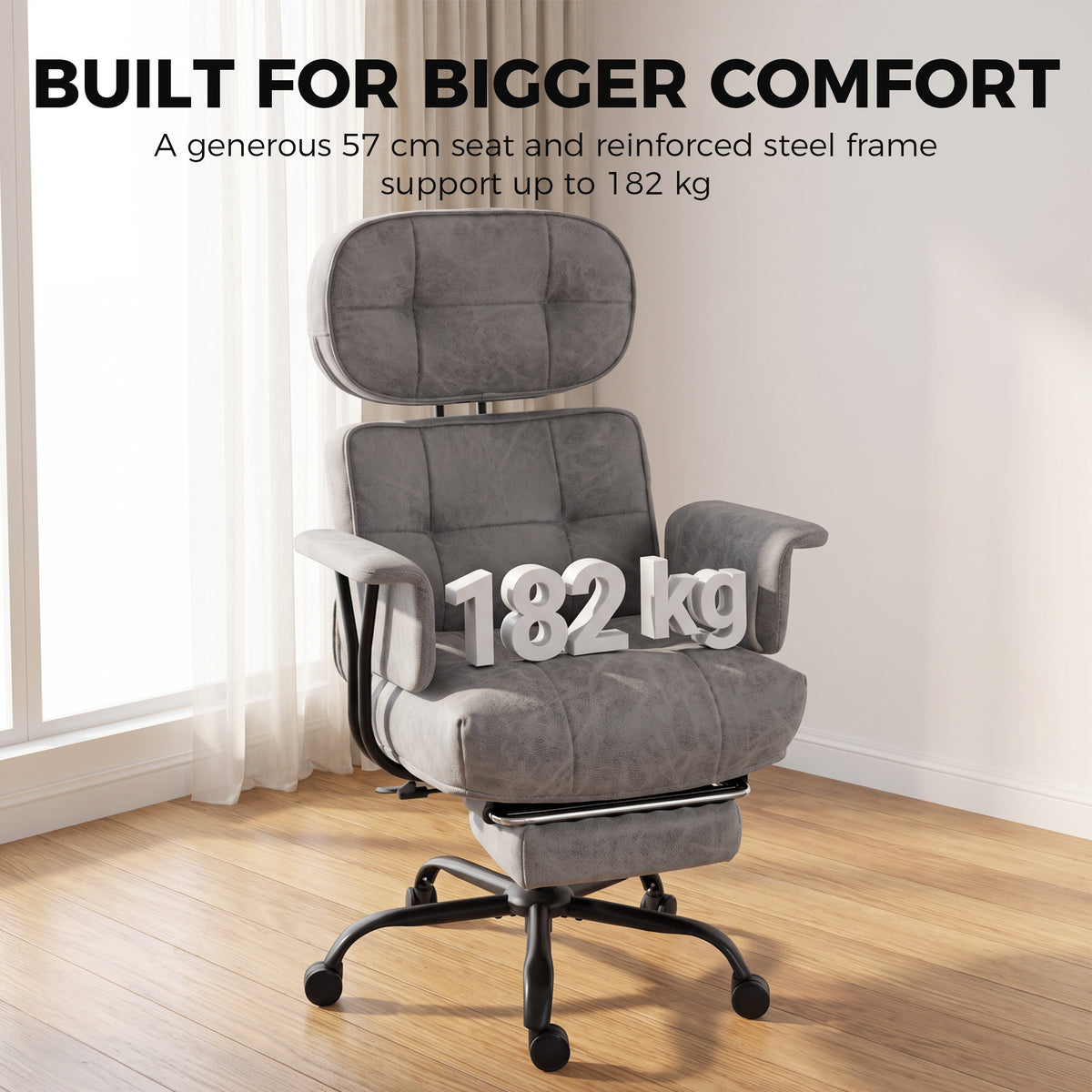 HOMCOM Office Chair, Big and Tall Desk Chair with Footrest, Wide Seat, Leathaire, Reclining Back, Swivel Wheels, Grey