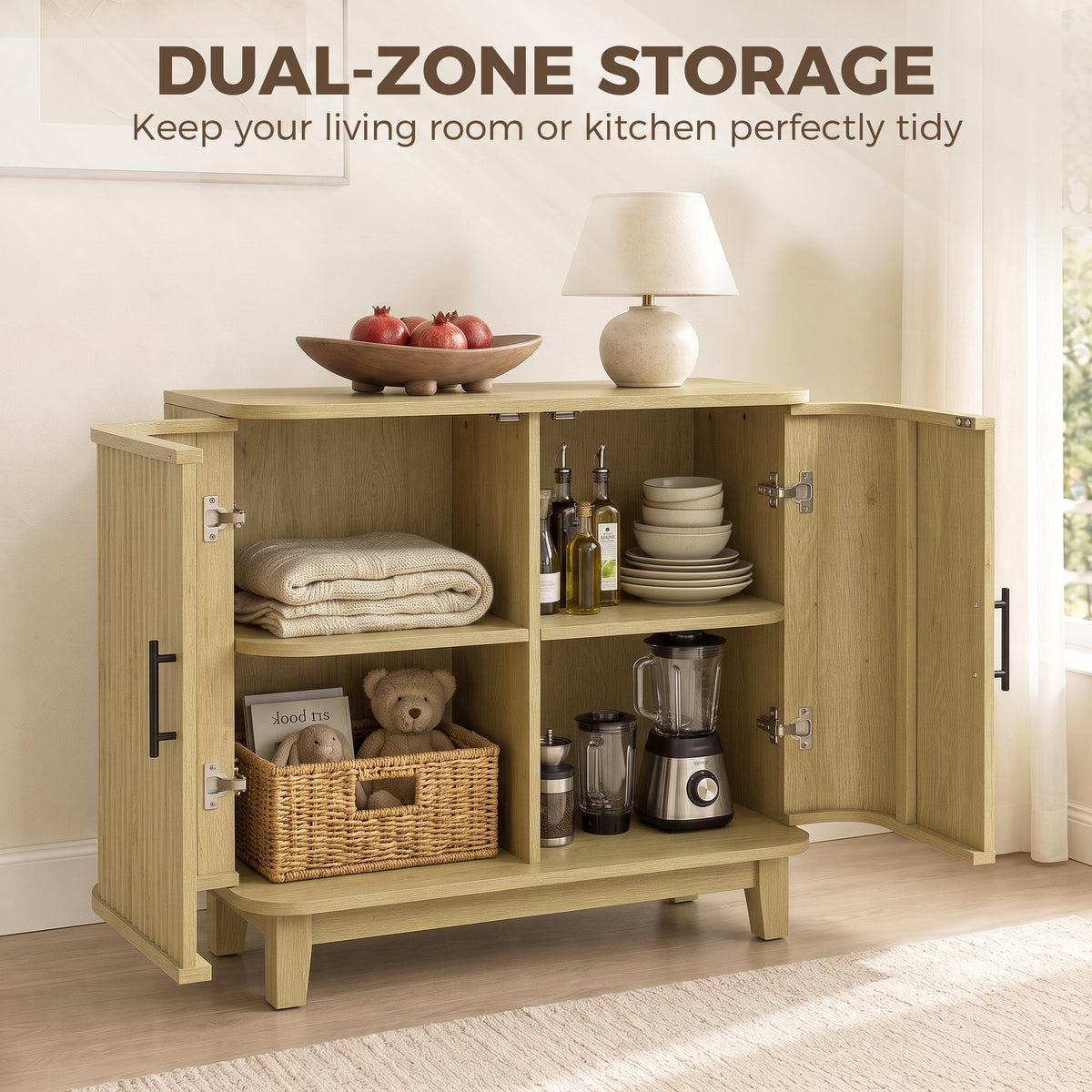 HOMCOM 80cm Sideboard Buffet Cabinet, Storage Cabinet with 2 Curved Doors, Adjustable Shelf and Legs for Dining Room, Oak