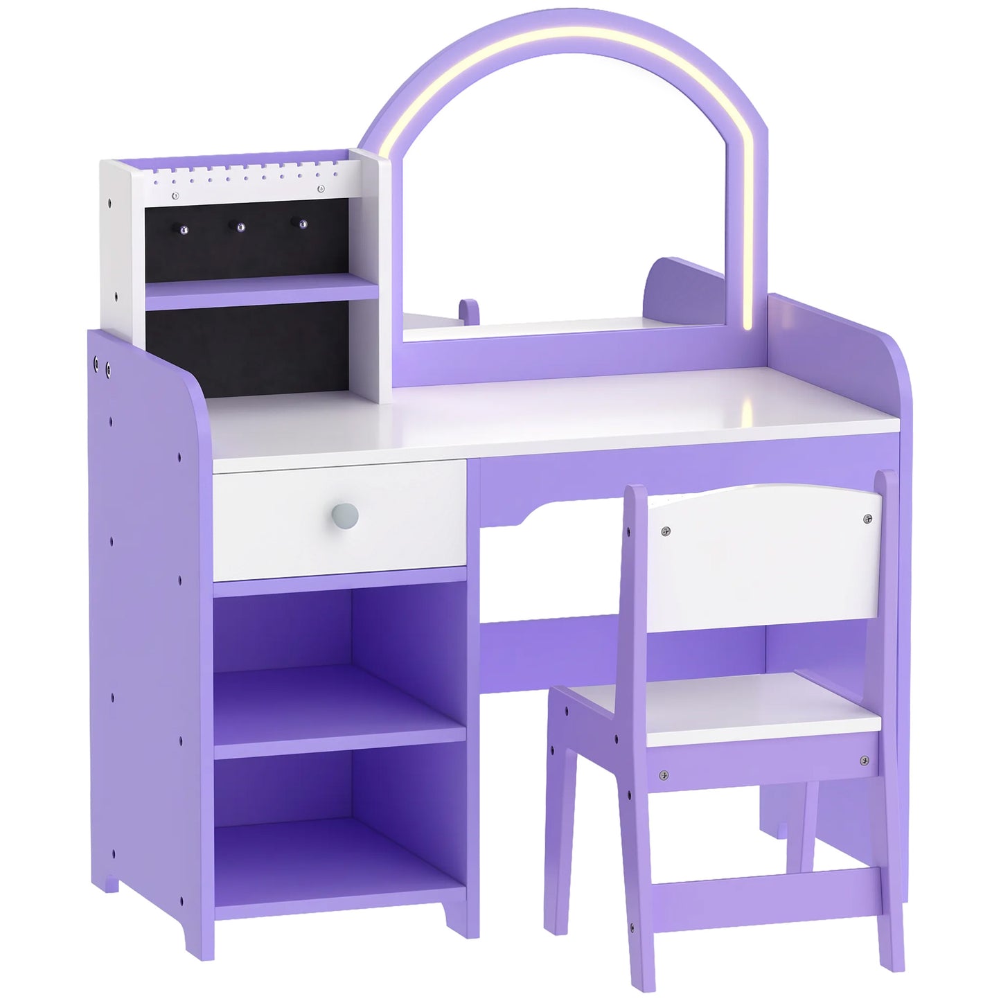 AIYAPLAY Kids Vanity Set, Girls Dressing Table with Stool, 2-Colour Lights Mirror, Pretend Dresser Gift for Ages 3-8, Purple