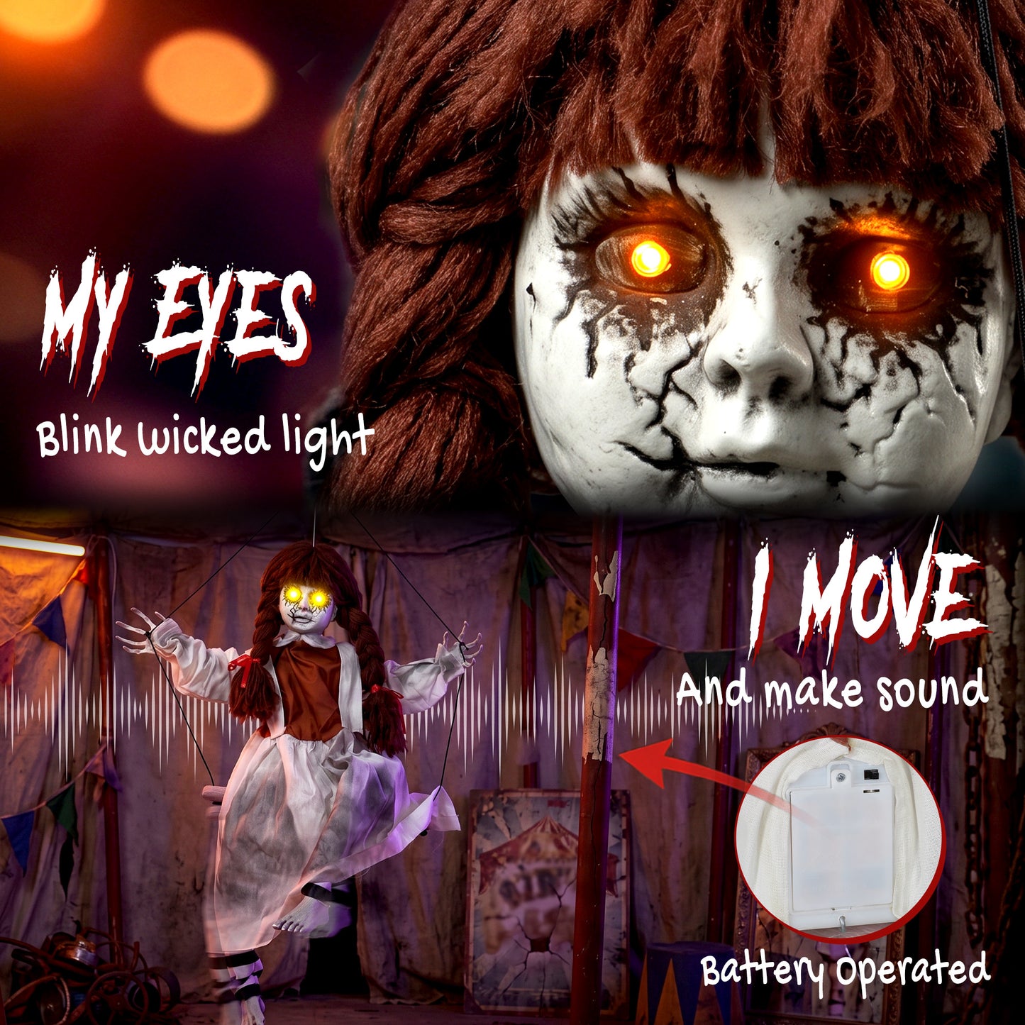 HOMCOM 80 cm Halloween Animated Hanging Creepy Girl on Swing Decoration, Kicking Legs, Sound and Touch Activated