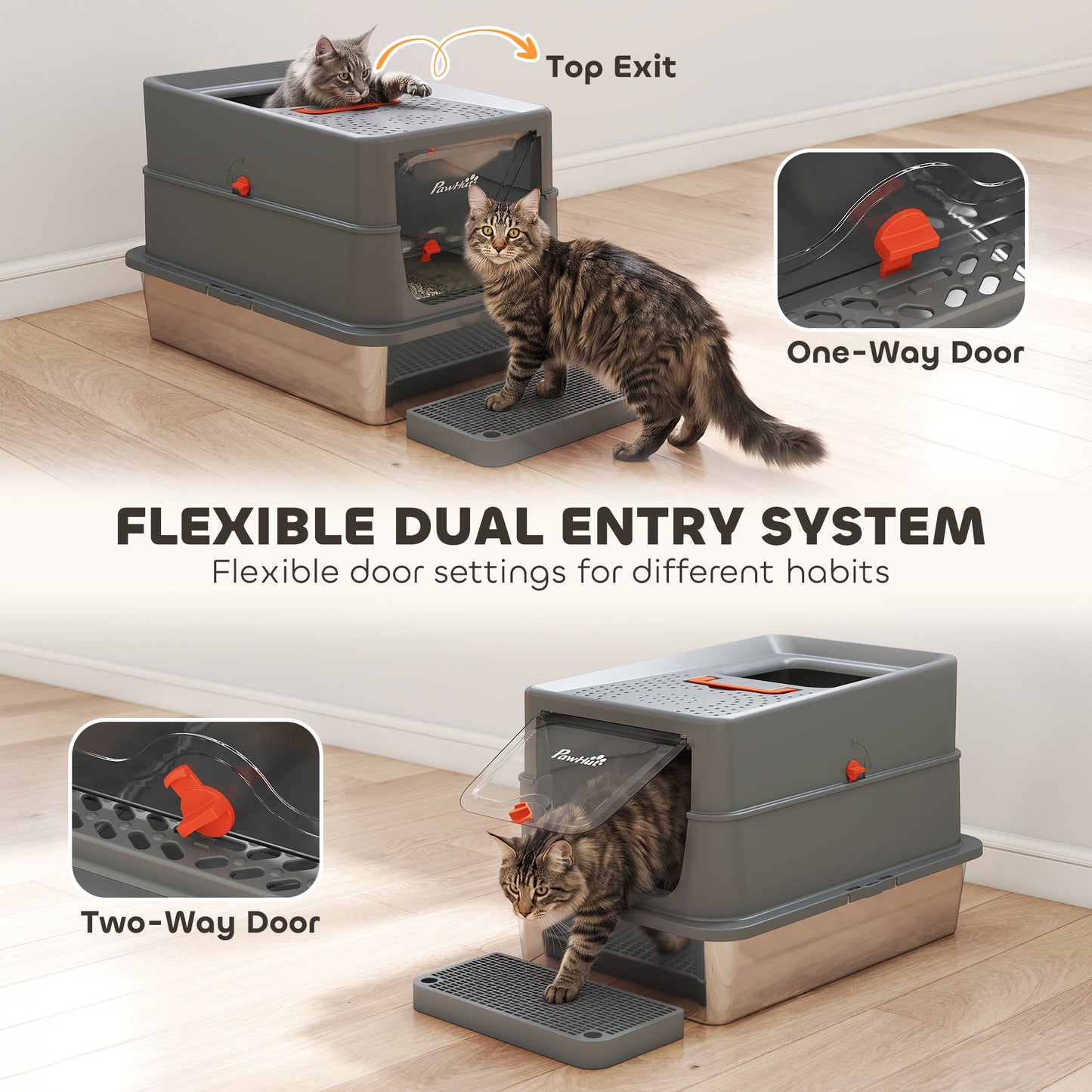 PawHut Stainless Steel Cat Litter Tray with Lid, XL 90L Enclosed Cat Litter Box with Step, Scoop, High Side, Dark Grey