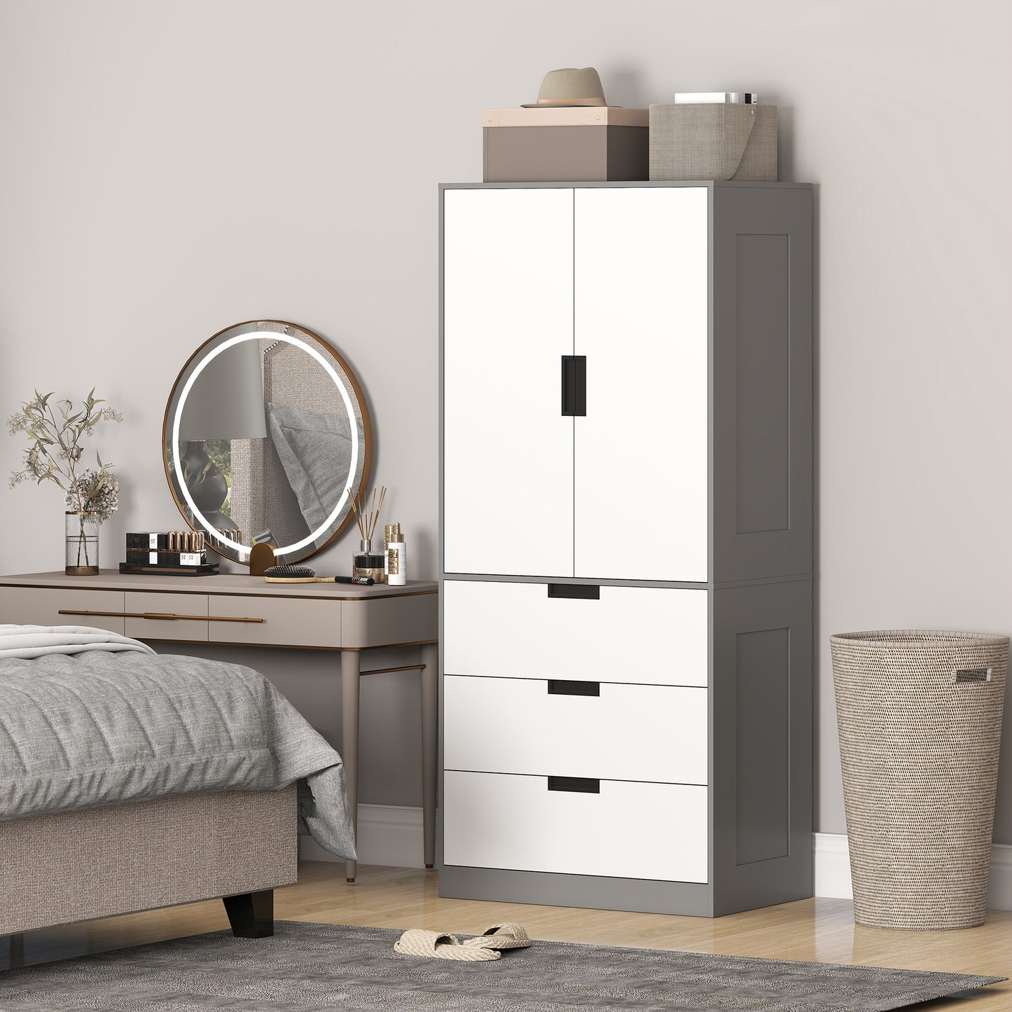 HOMCOM 2 Door Wardrobe, Modern Wardrobe with 3 Drawers and Hanging Rod for Bedroom, Grey