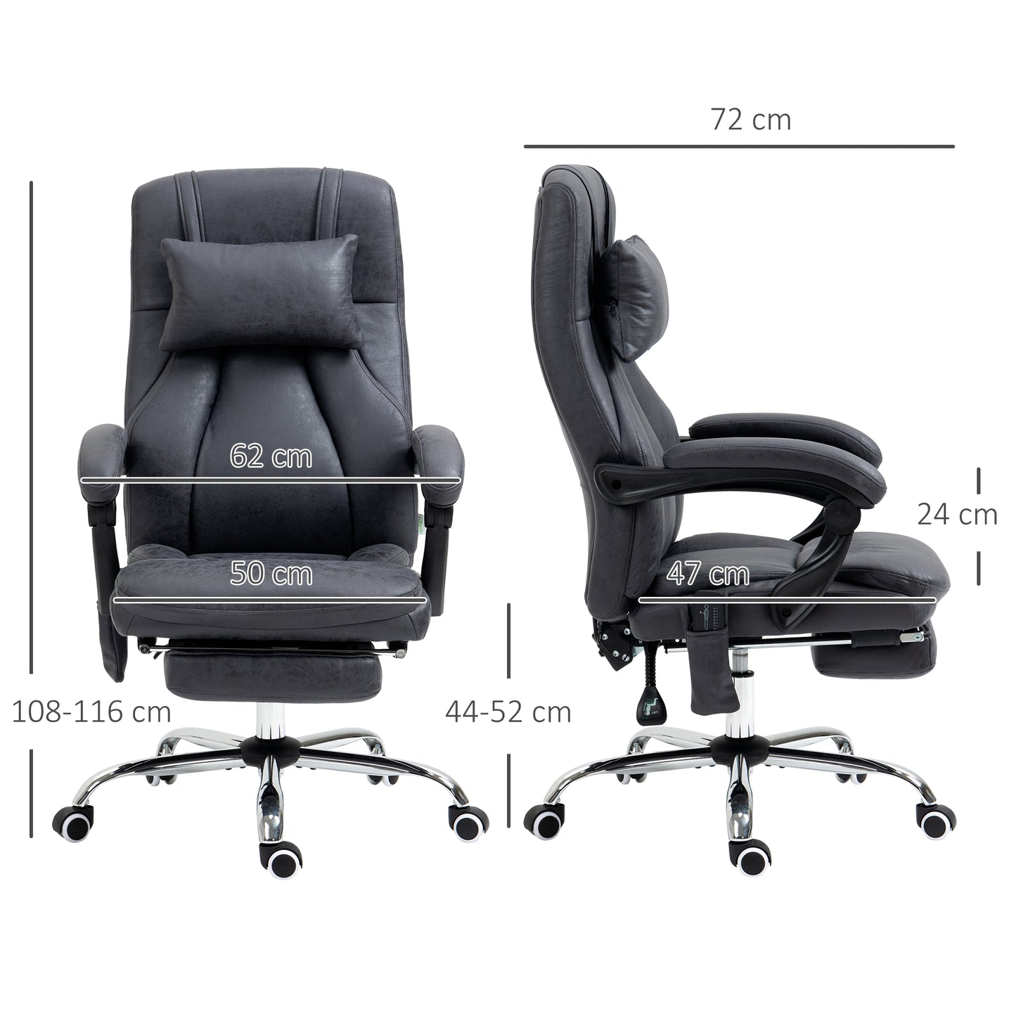 Vinsetto Office Chair with Lumbar Massage, 135Â° Reclining Computer Chair with Adjustable Headrest, Retractable Footrest, 10cm Double Padded Seat, Microfiber Fabric, Metal Base, Dark Grey