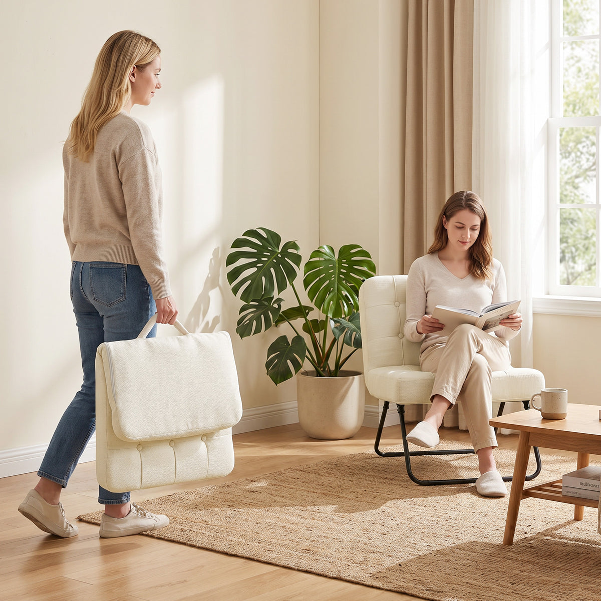 HOMCOM Modern Accent Chair, Foldable Chenille Upholstered Lounge Chair with Backrest, Wide Seat, Cream