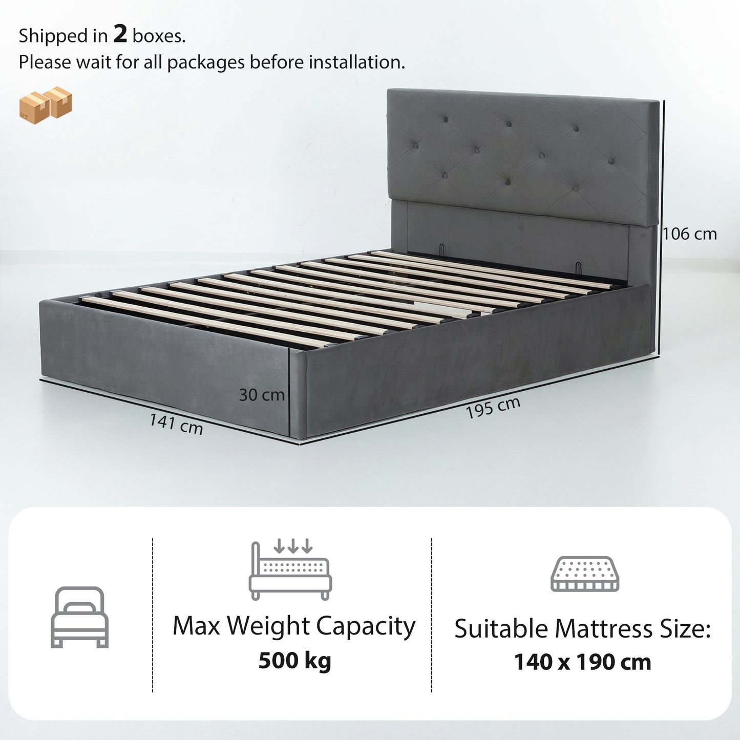 HOMCOM Double Bed Frame Gas Side Lift Under Bed Storage Upholstered Platform Bed Tufted Headboard for 140 x 190 cm Mattress