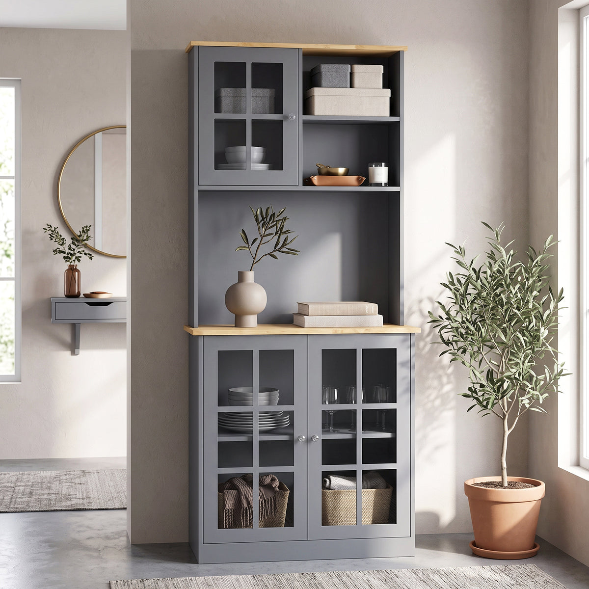 HOMCOM Kitchen Pantry, Buffet Hutch with 3 Storage Cabinets, 2 Open Shelves and Large Countertop for Kitchen, Grey
