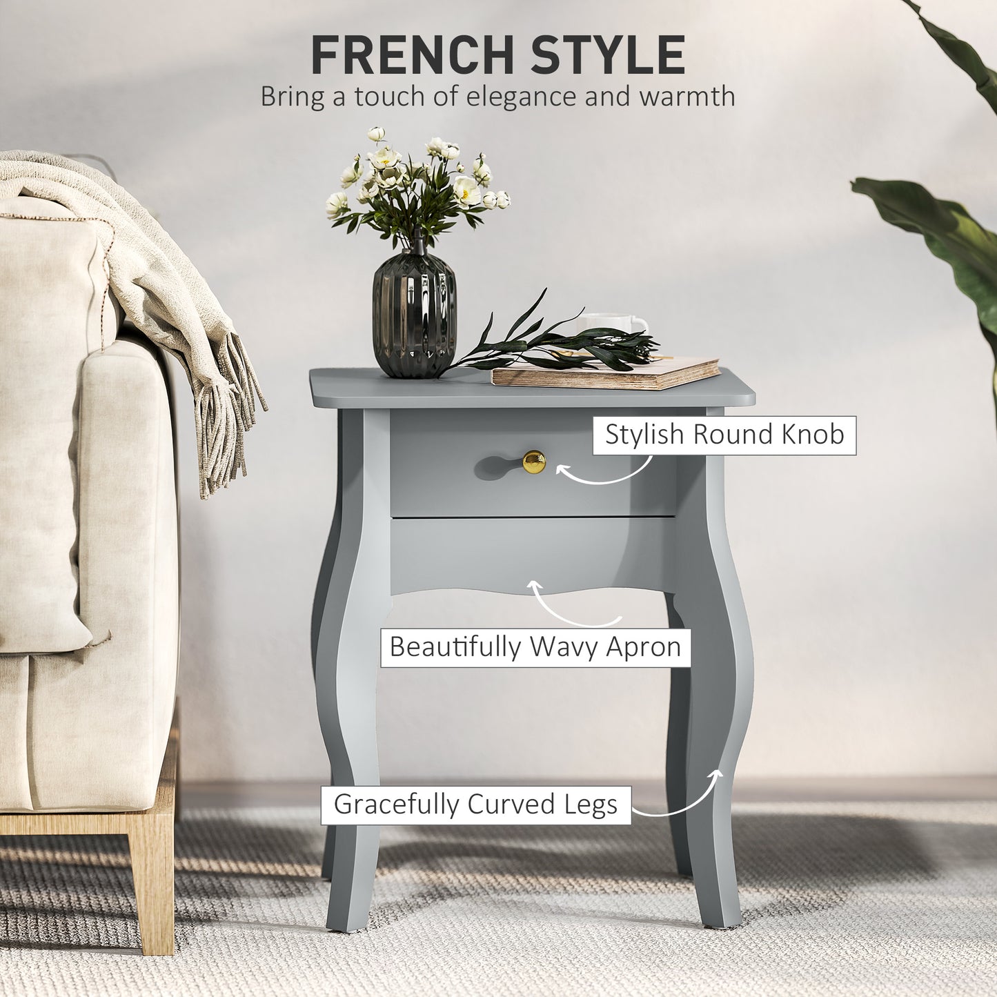 HOMCOM French Style Side Table with Drawer - Grey