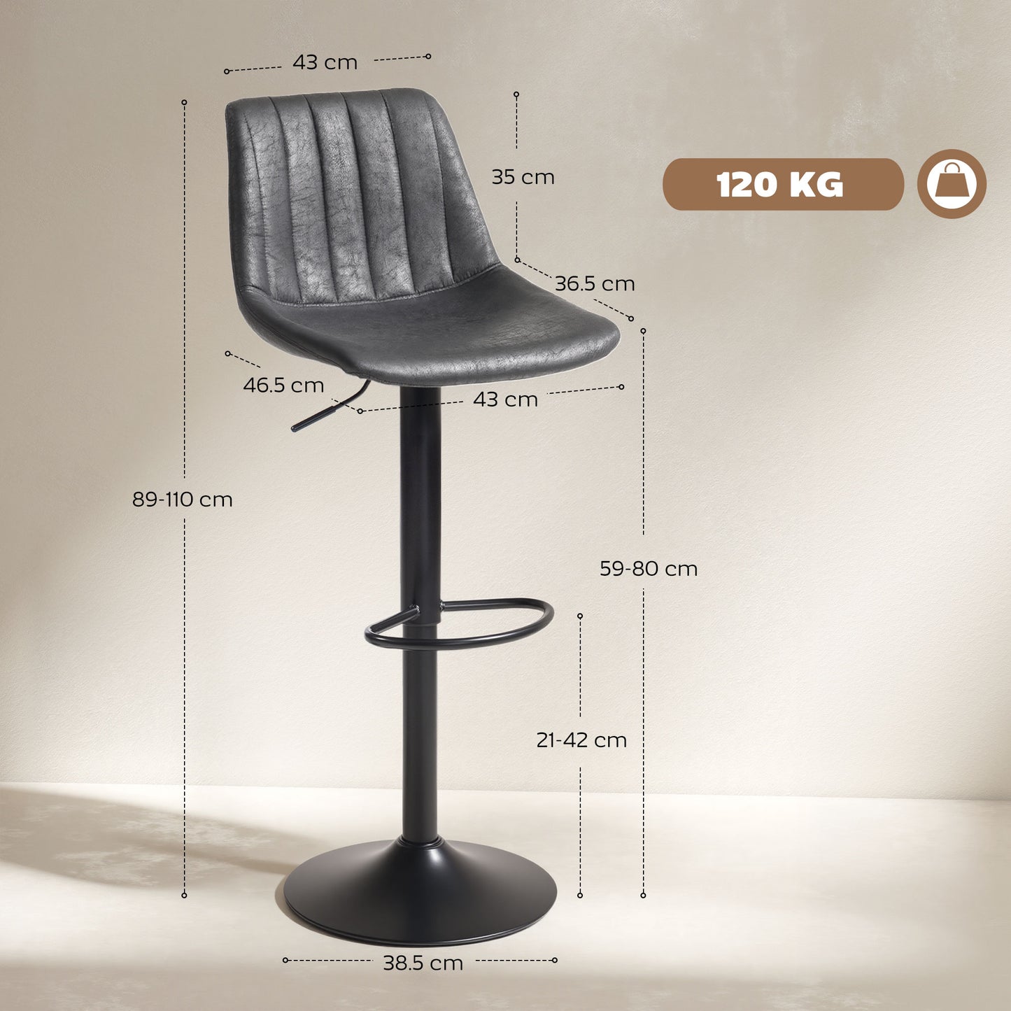 HOMCOM Set of 2 Leathaire Tub Bar Stools -  Charcoal Grey