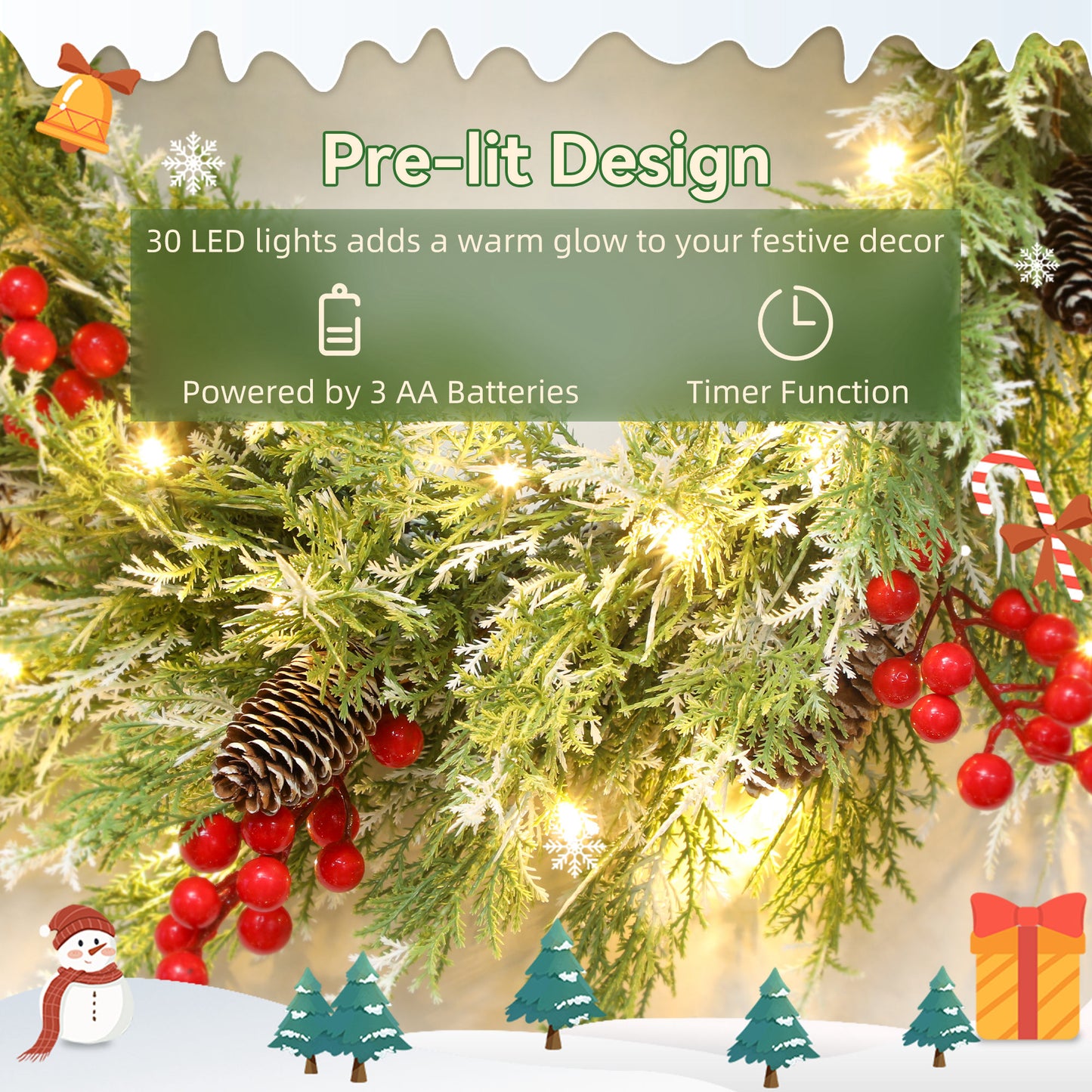 HOMCOM 60 cm Prelit Christmas Wreath, Door Wreath with Realistic Branches, 30 Warm White LEDs, Timer, Battery Operated