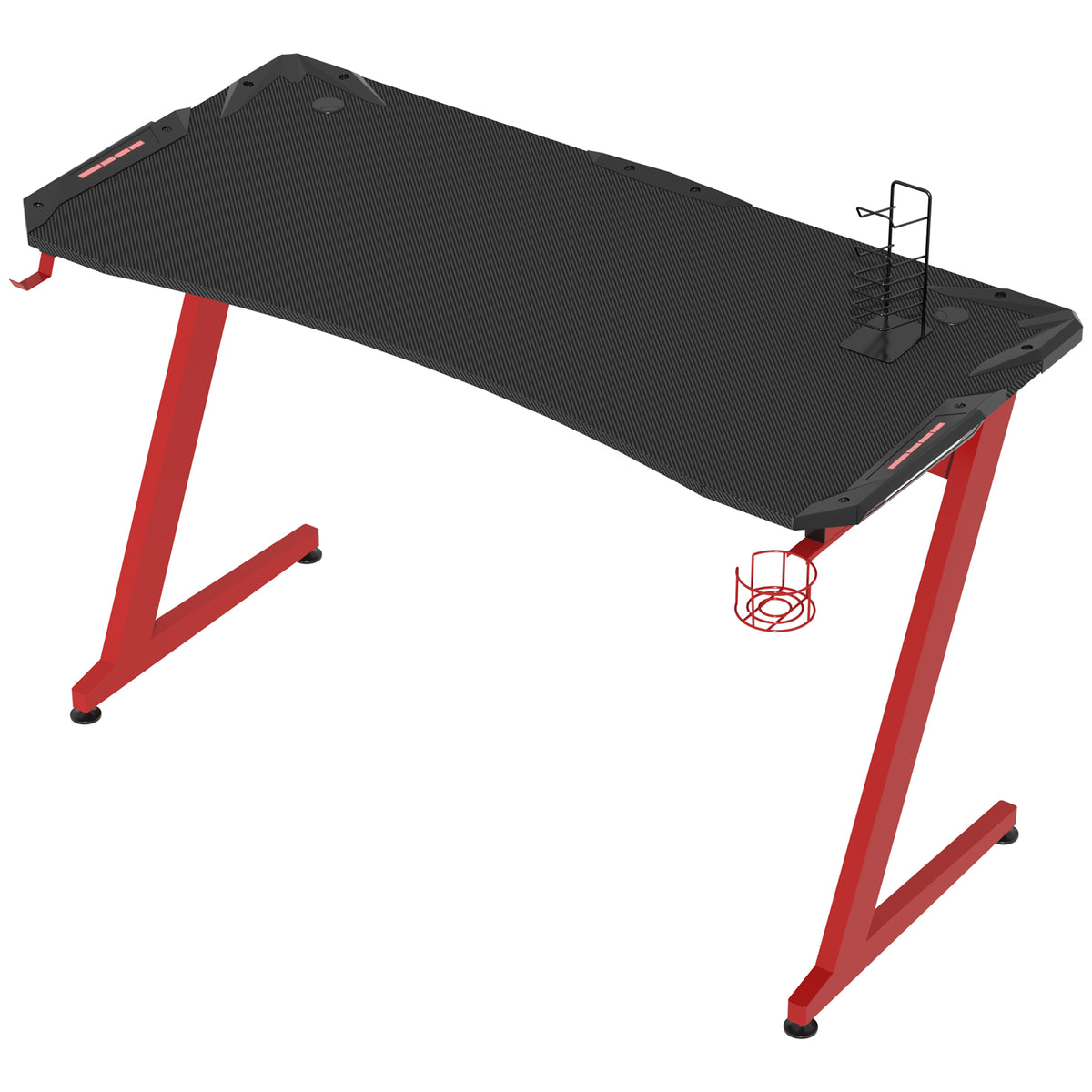 HOMCOM 142 x 66 cm Gaming Desk, Carbon Fibre Covered Computer Desk, Gamer Workstation with Headphone Hook, Cup Holder and Gamepad Storage Rack, Black and Red