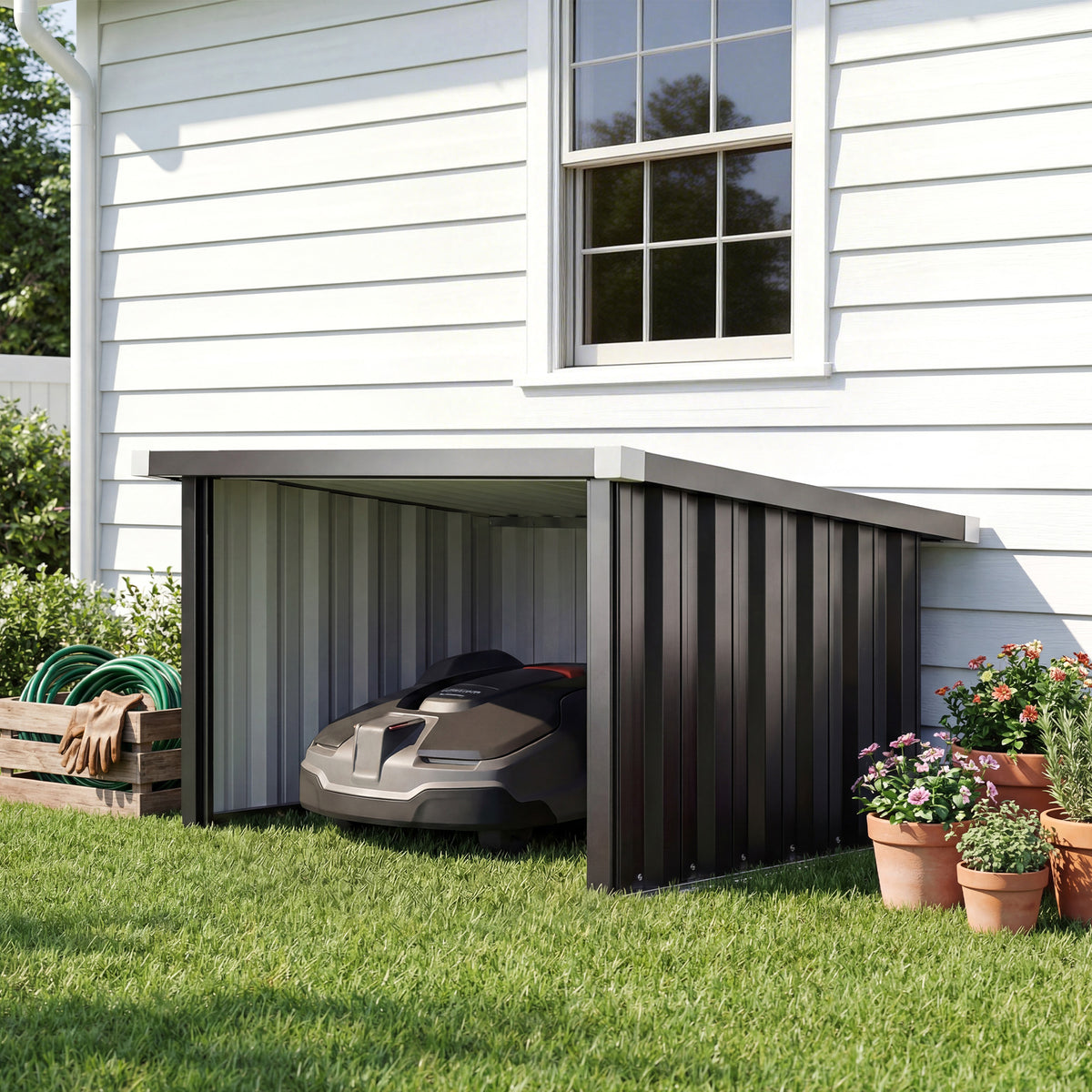 Outsunny Robot Mower Garage with Sloped Roof for Robotic Lawn Mower Storage, Weatherproof, 108 x 86 x 62.5 cm, Dark Grey
