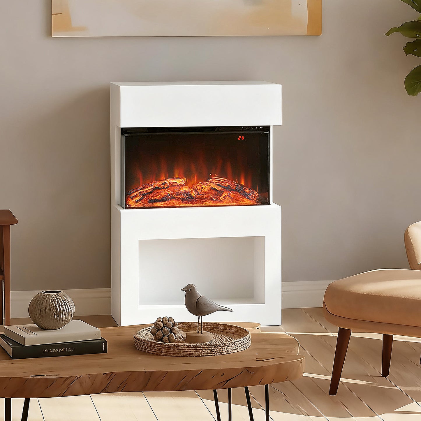 HOMCOM 19" Electric Fireplace with Surround, 3D Flame Effect, 6 Colours & 3 Brightness Levels, 1000W/2000W White Electric Fire and Mantel Reach up to 30ãŽ¡ Space with Remote & Timer, 3 Sided View