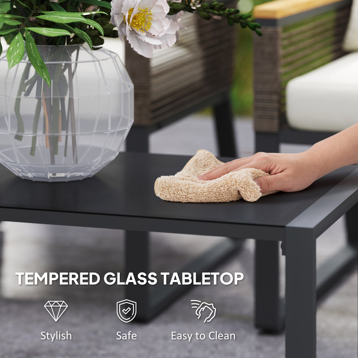 Outsunny Four Piece Wicker Rope Garden Furniture Set with Glass Top Coffee Table - Grey