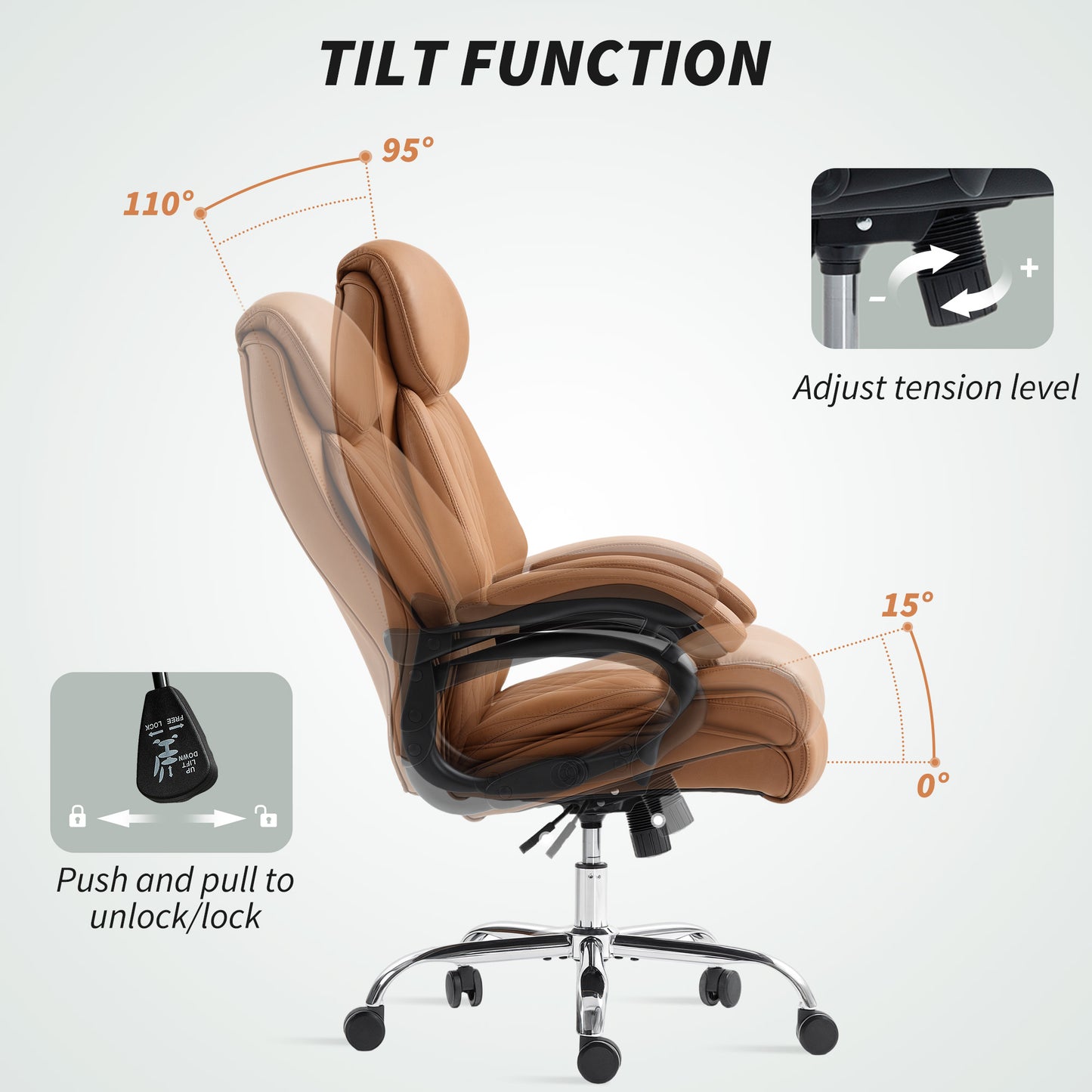 HOMCOM Spring Padded Faux Leather Office Chair with Super Padded, Reclining Office Chair - Light Brown