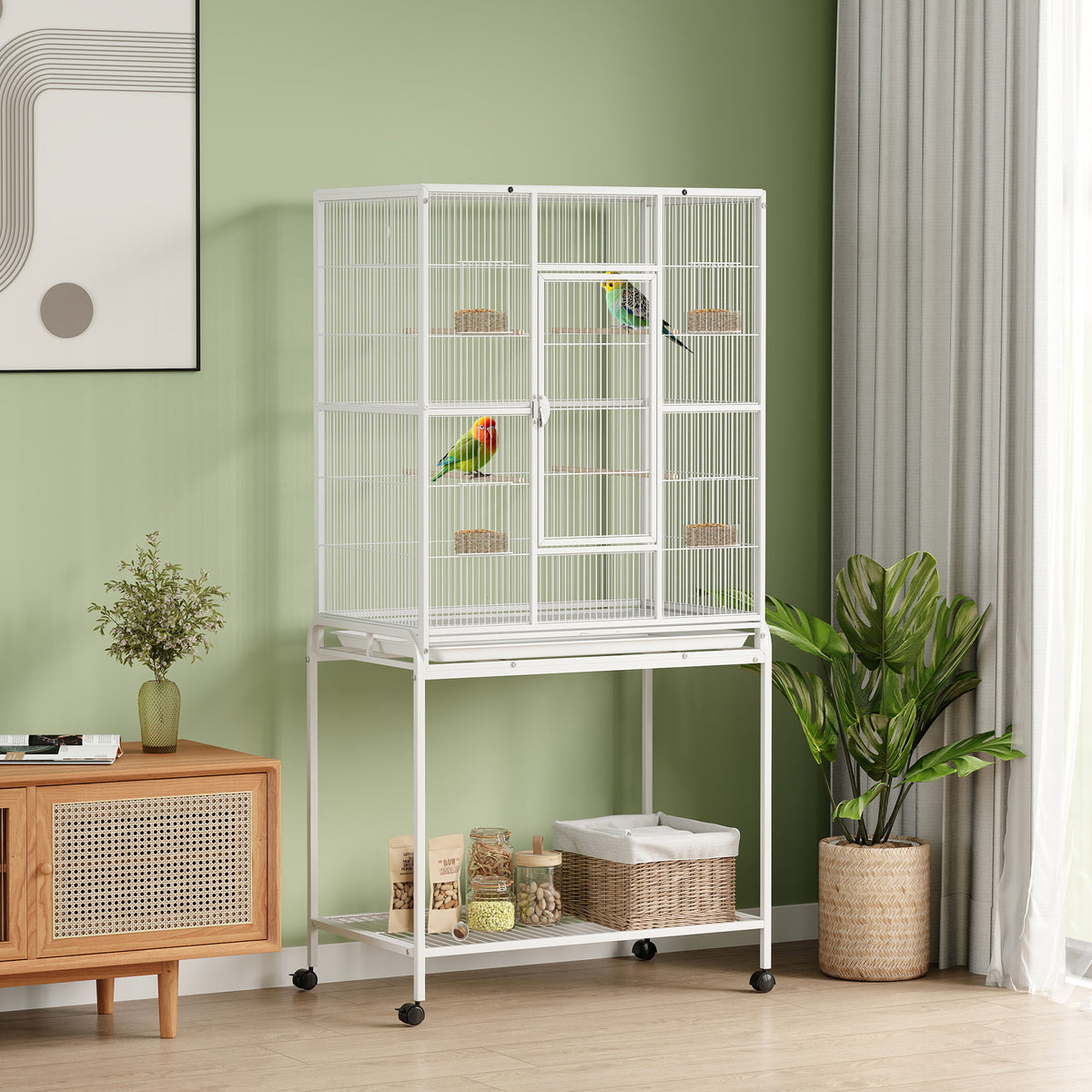 PawHut Large Bird Cage Budgie Cage with Stand, Storage Shelf, Wood Perch for Parrot, 81 x 48 x 162.5 cm, White