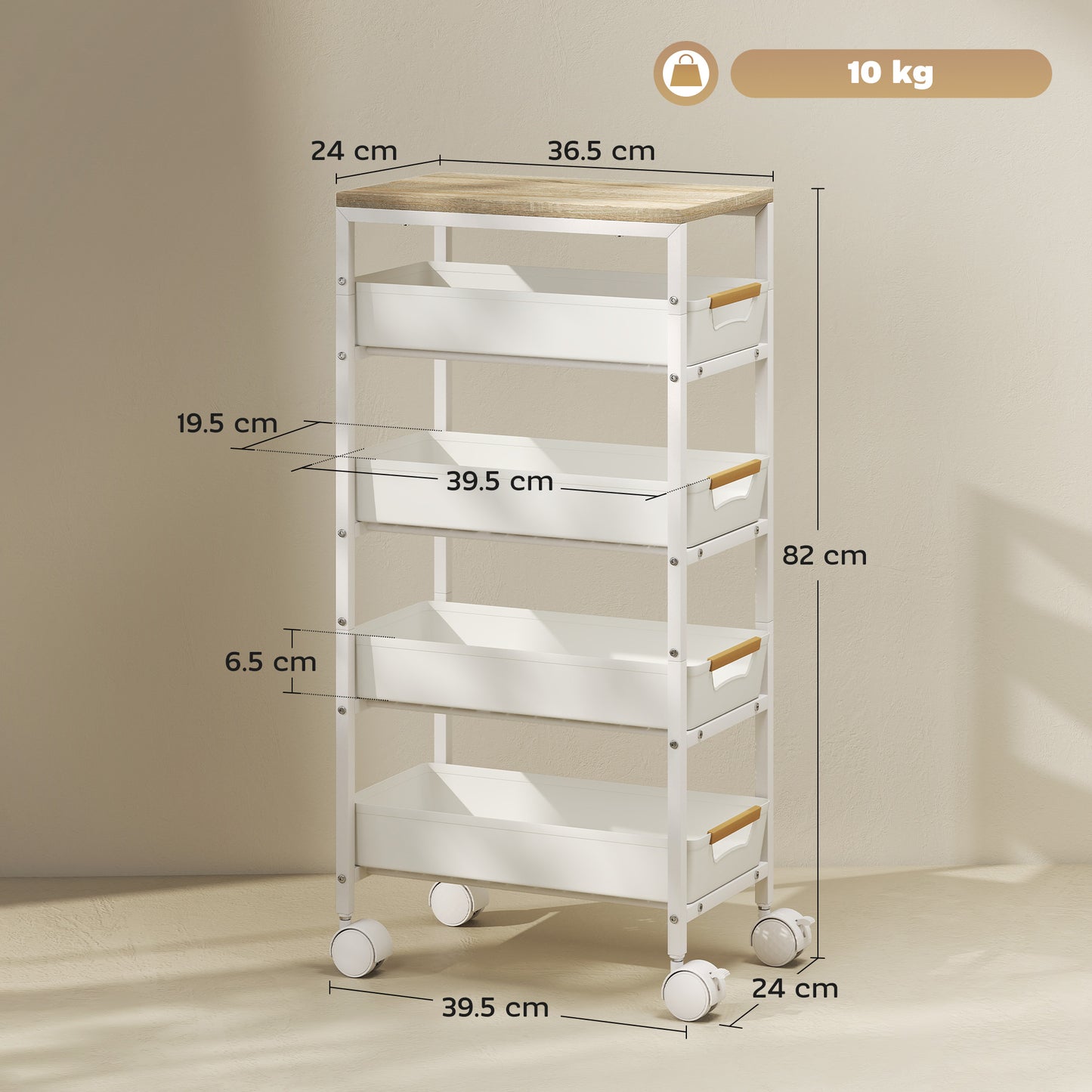 HOMCOM 5-Tier Storage Trolley on Wheels - White