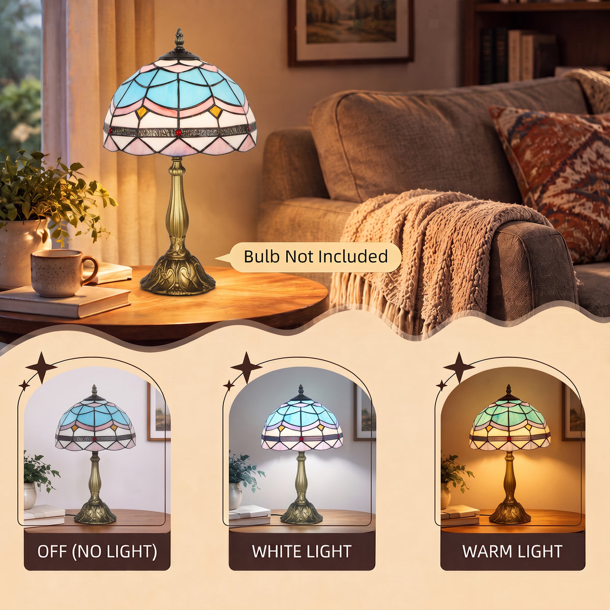 HOMCOM Tiffany Stained Glass Table Lamp, Handmade Antique Bedside Lamp, Decorative Night Light