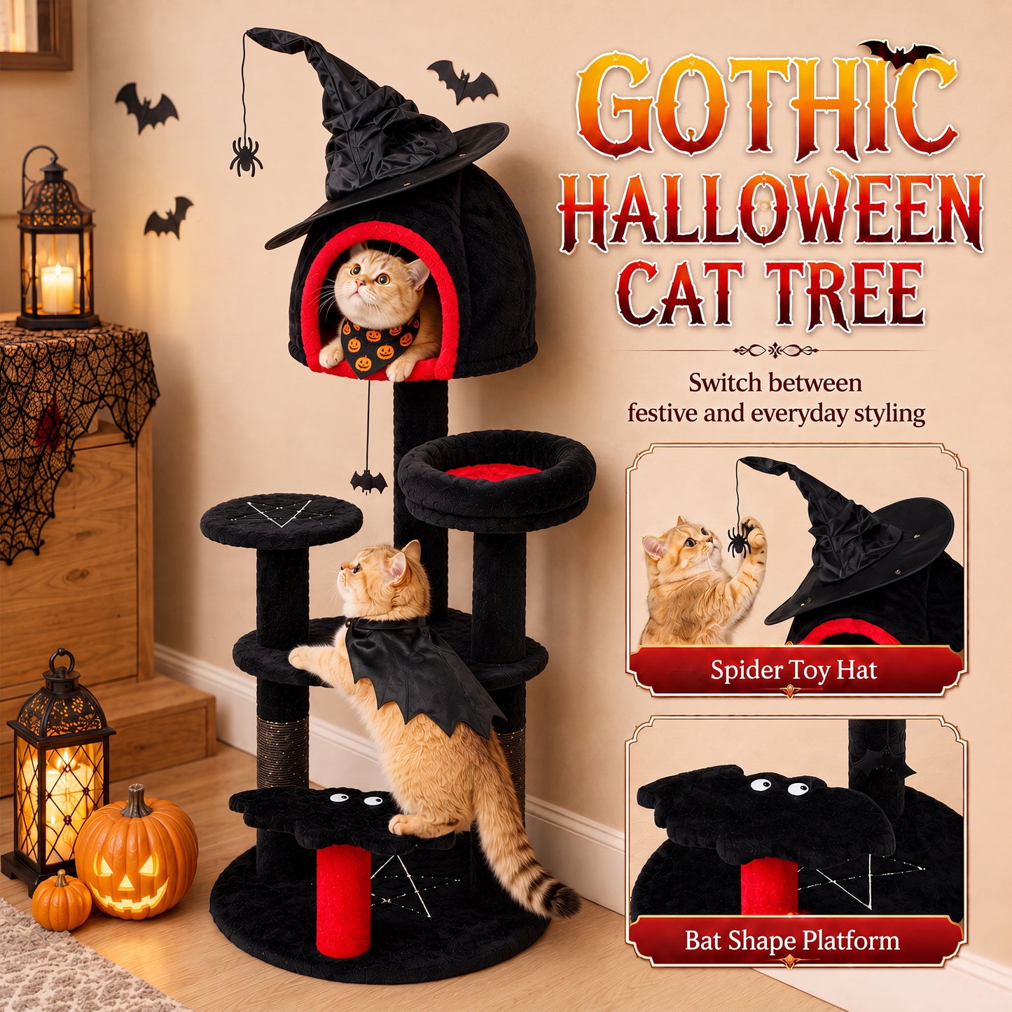 PawHut Gothic Cat Tree, 155cm Cat Tower for Indoor Kittens, Multi-Level Stable Kitten Activity Centre, Black, Halloween