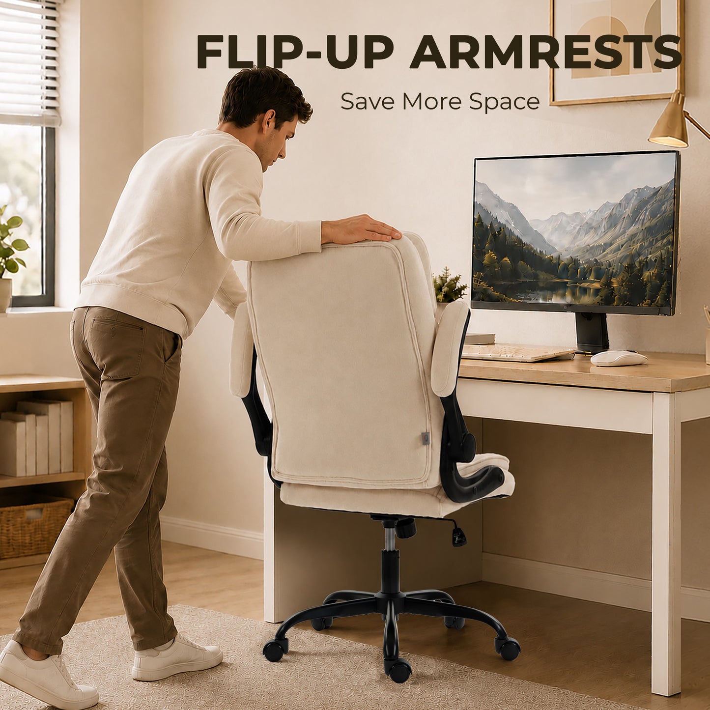 HOMCOM Office Chair, Ergonomic Desk Chair with Flip-up Armrest, Pocket Springs, Swivel Wheels, Adjustable Height, Beige