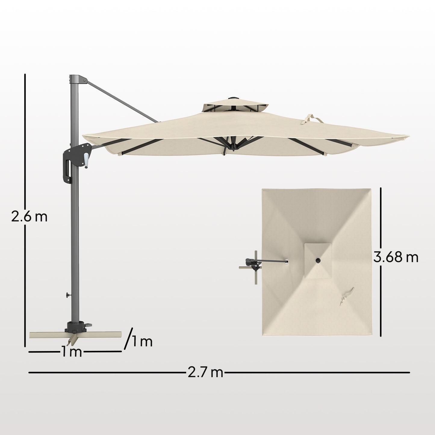 Outsunny 3.7 x 2.7 m Cantilever Parasol w/360° Rotation and Easy Tilt Adjustment, Aluminium Hanging Offset Outdoor Umbrella w/Double Top, Cross Base, UPF50+ Hanging Sun Shade, Grey Wood Effect Pole