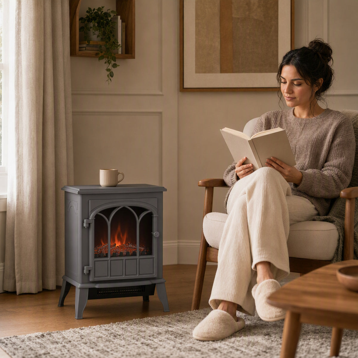 HOMCOM Freestanding Electric Fireplace, Electric Log Burner with LED Flame Effect, Overheating Safety System, 1000W/2000W Grey