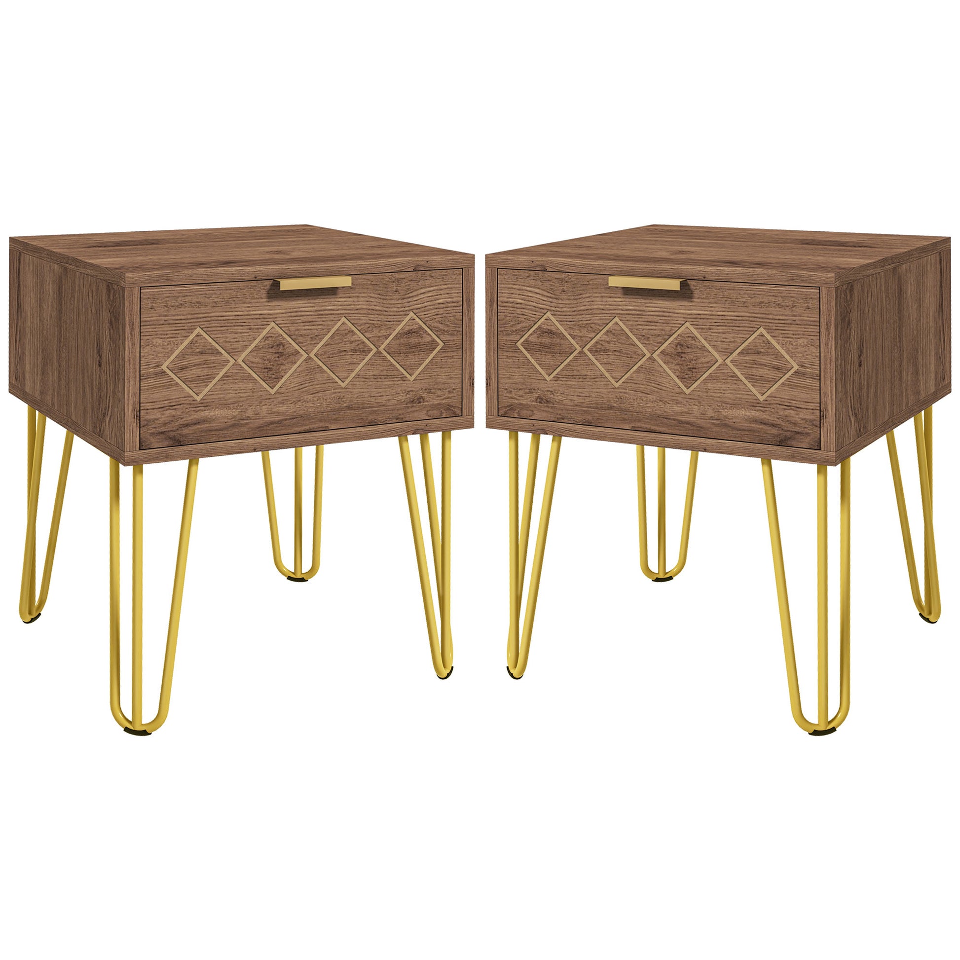 HOMCOM Bedside Table Set of 2 with Drawer, Wooden Nightstand, Modern Sofa Side Table with Gold Tone Metal Legs for Bedroom