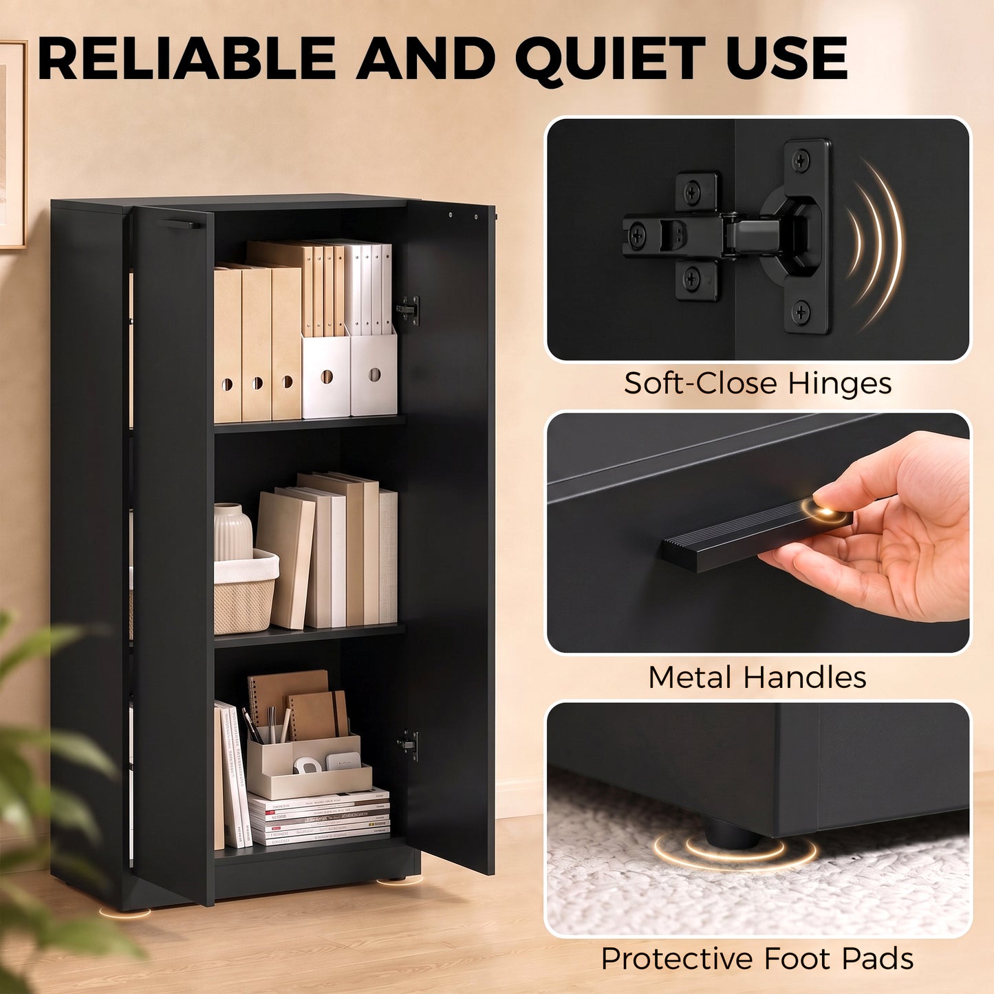 HOMCOM 120 cm Tall Storage Cabinet Cupboard, 3-Tier File Organiser Wooden Filing Cabinet, Black