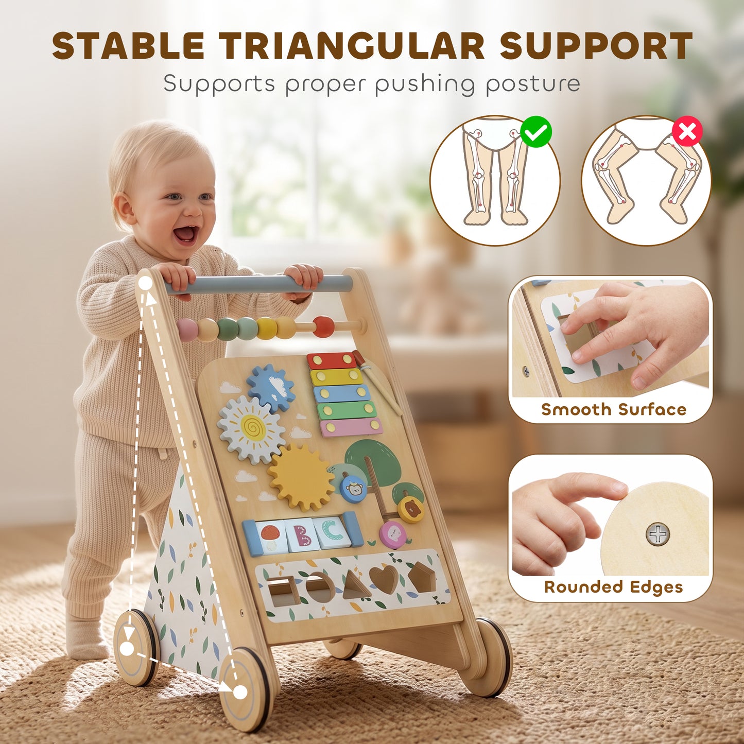 AIYAPLAY Wooden Baby Walker, Toddler Push Along Walker with Speed Control, Activity Centre and 5 Blocks for 18 Months+, Natural