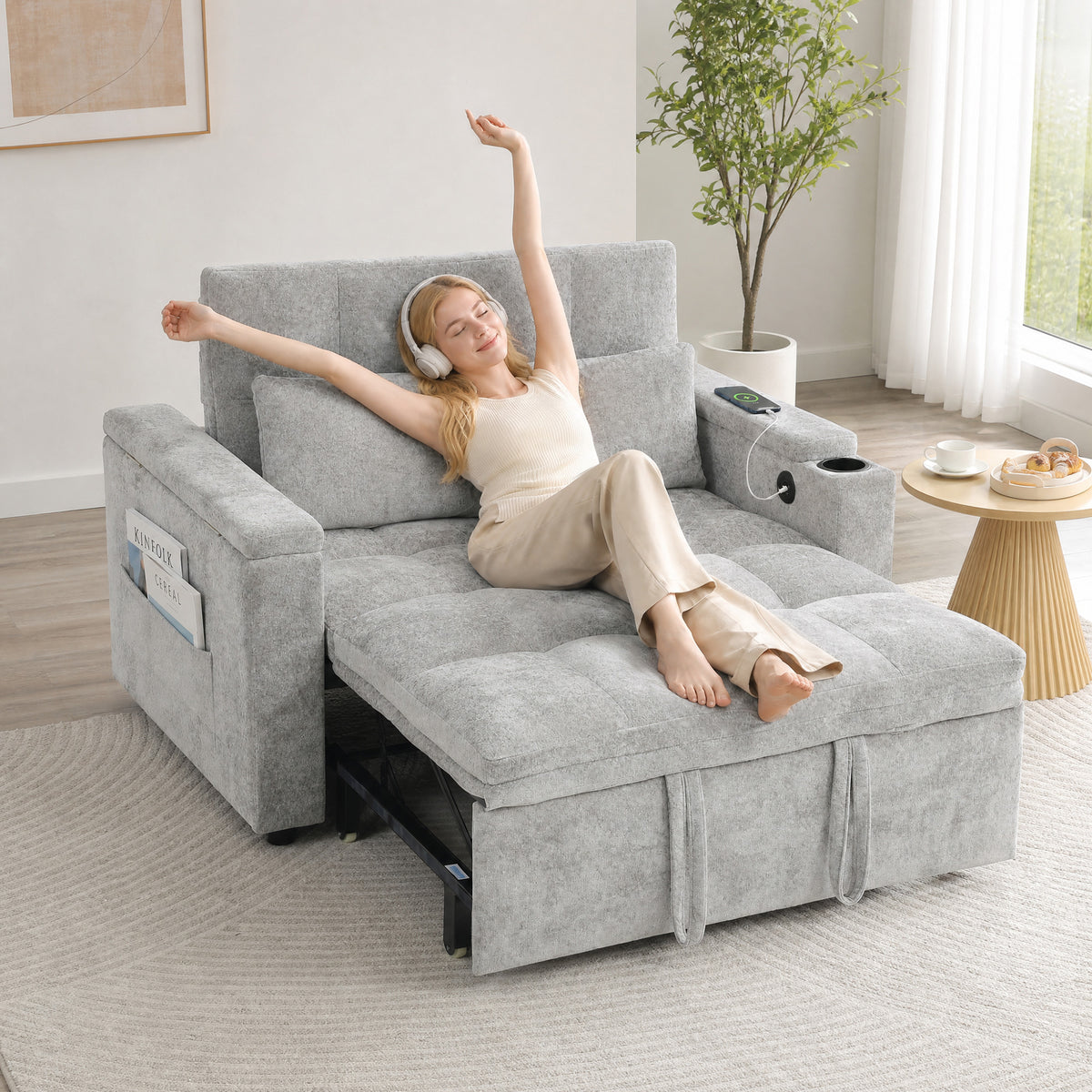 HOMCOM 2 Seater Sofa Bed, 3-in-1 Convertible Pull Out Sleeper Bed with Hidden Table, USB Port, Armrest Storage, Grey
