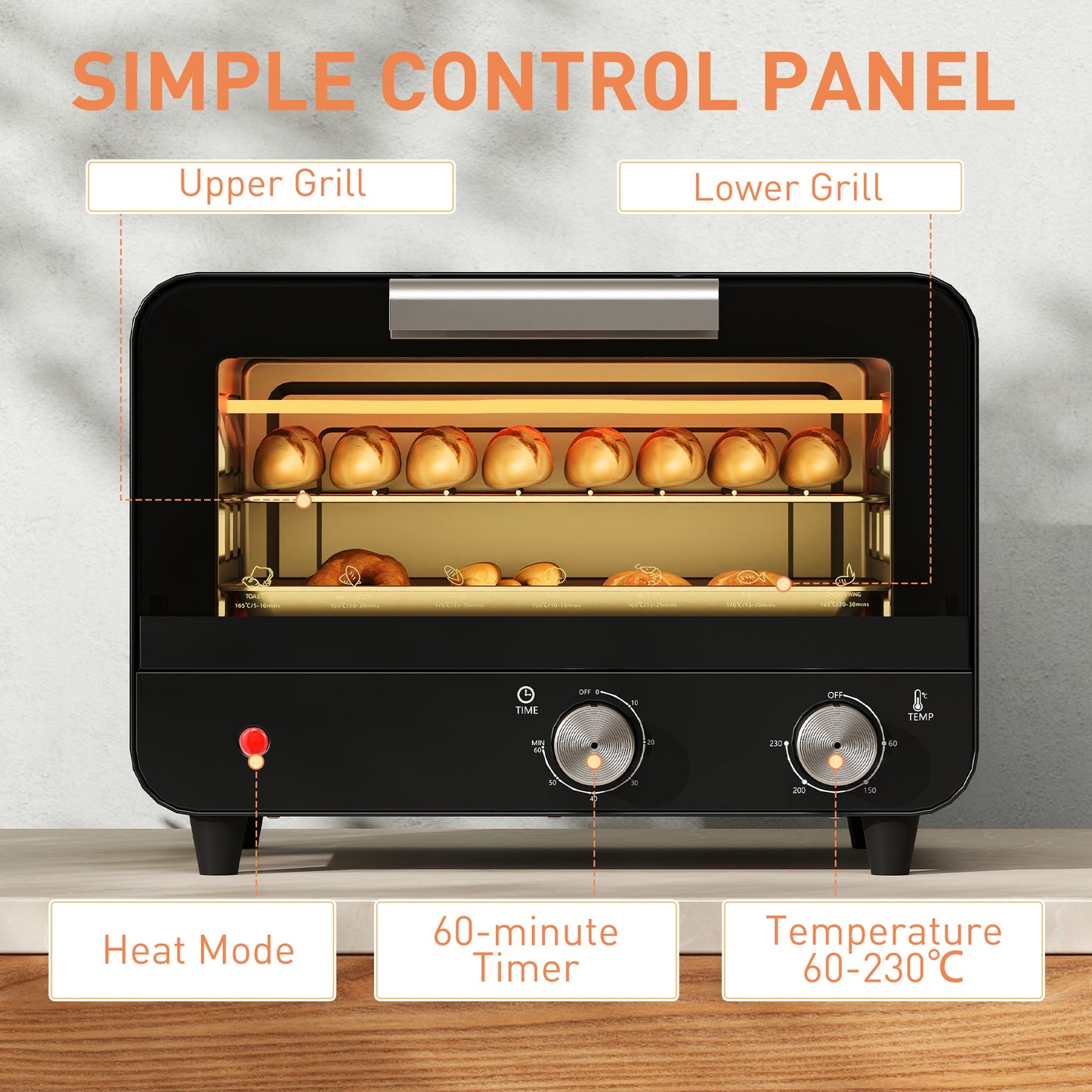 HOMCOM Small Toaster Oven, 12L Multifunction Mini Countertop Oven with Glass Door, Adjustable Temperature and Timer, Black