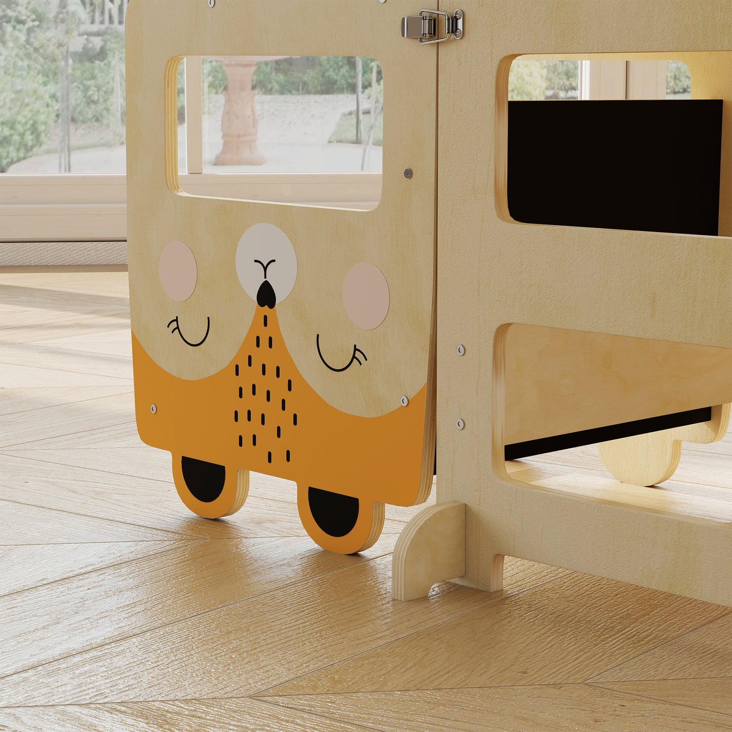 AIYAPLAY Toddler Step Stool, Standing Tower with Chalkboard, 3-in-1 Fox-Shaped Step Stool for Kitchen Counter, Natural