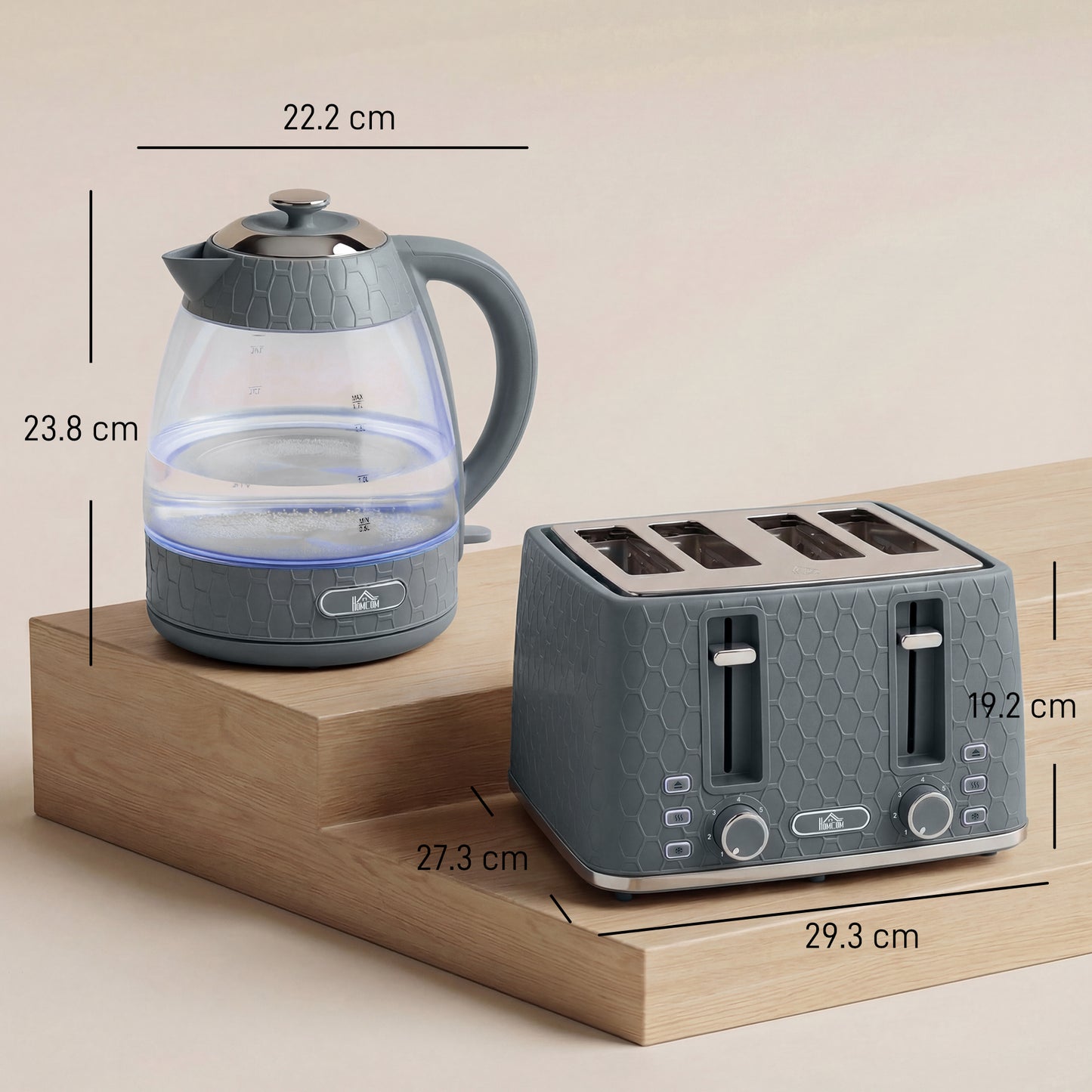 HOMCOM Kettle and Toaster Set, 1.7L 3000W Rapid Kettle with Strix Thermostat, 4 Slice Toaster with 7 Browning Controls, Grey