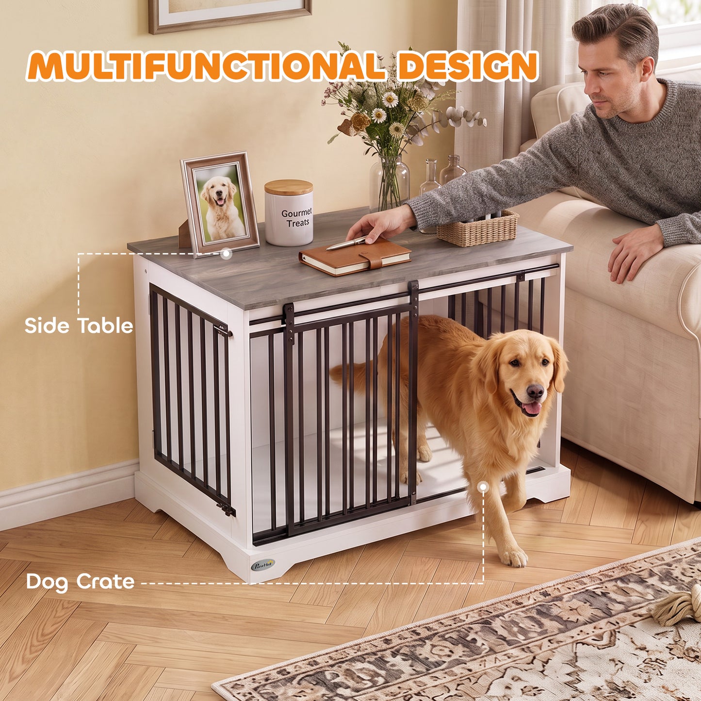 PawHut 100 cm Large Dog Crate Furniture with Sliding Barn Door for Large Dogs, White