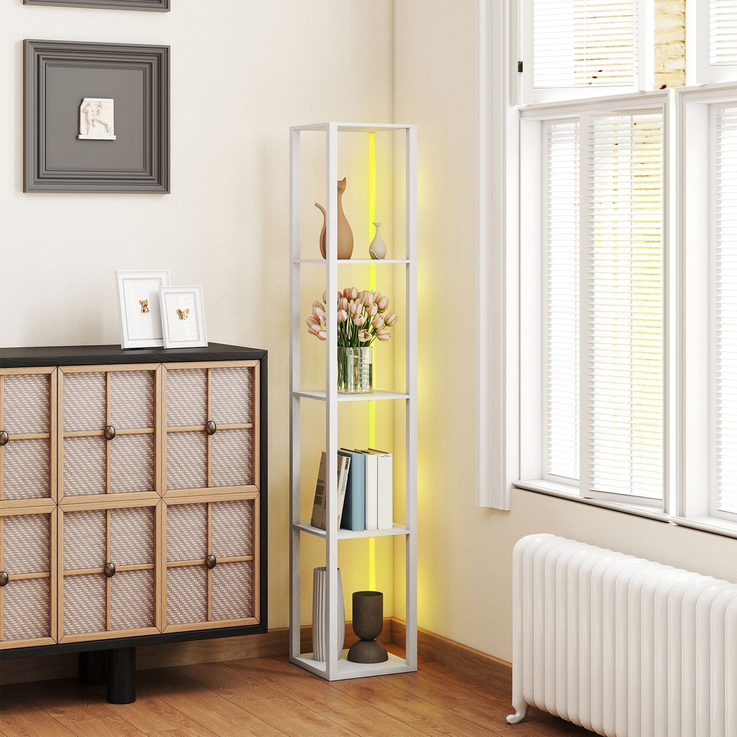 HOMCOM RGB LED Floor Lamp with Shelves, Modern Dimmable Standing Lamp with Remote Control, Adjustable Brightness & Speed for Living Room, Bedroom, Office, White