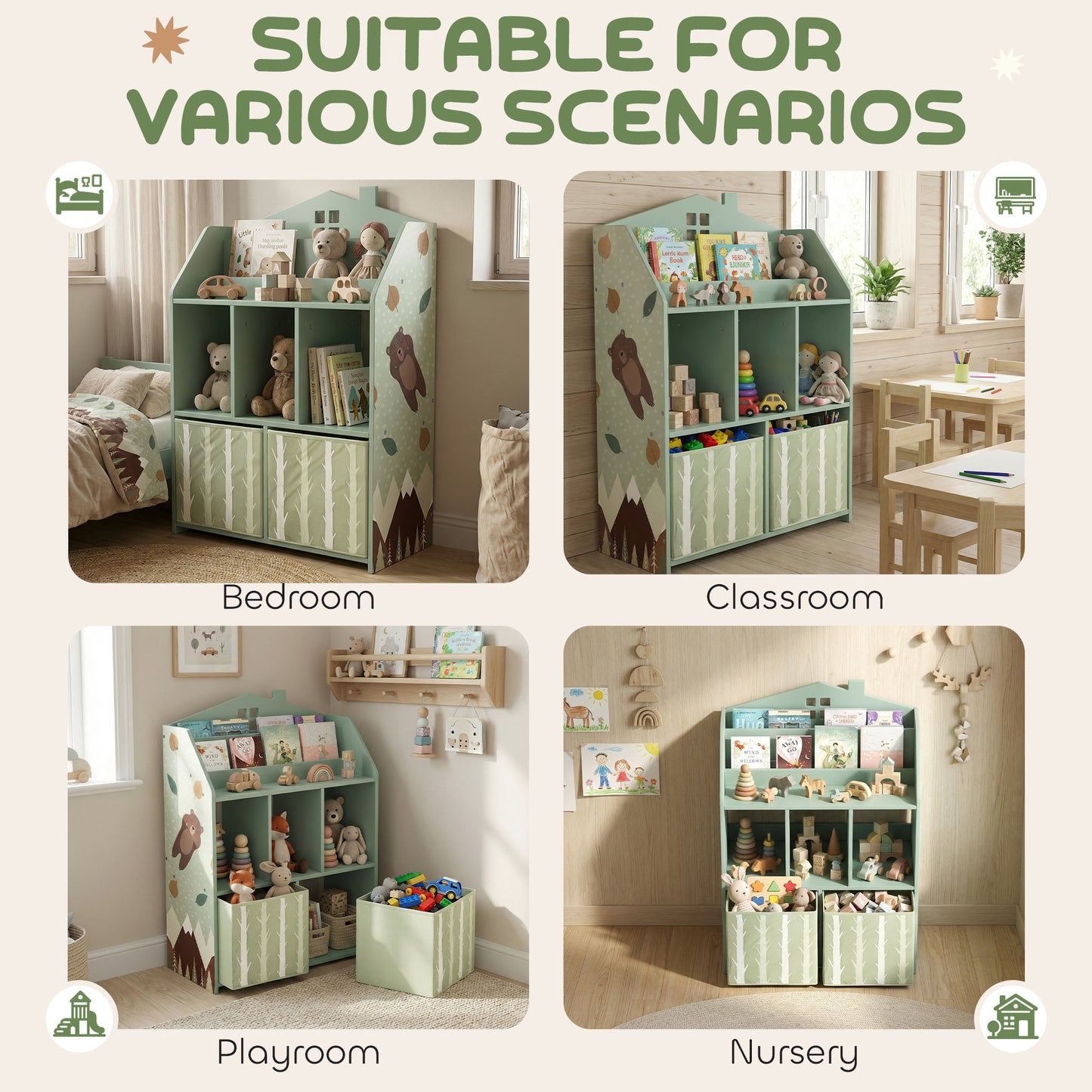 AIYAPLAY Kids Bookshelf with Storage, Toy Storage Unit with Book Display, Shelves and Fabric Drawers for Playroom Nursery, Green