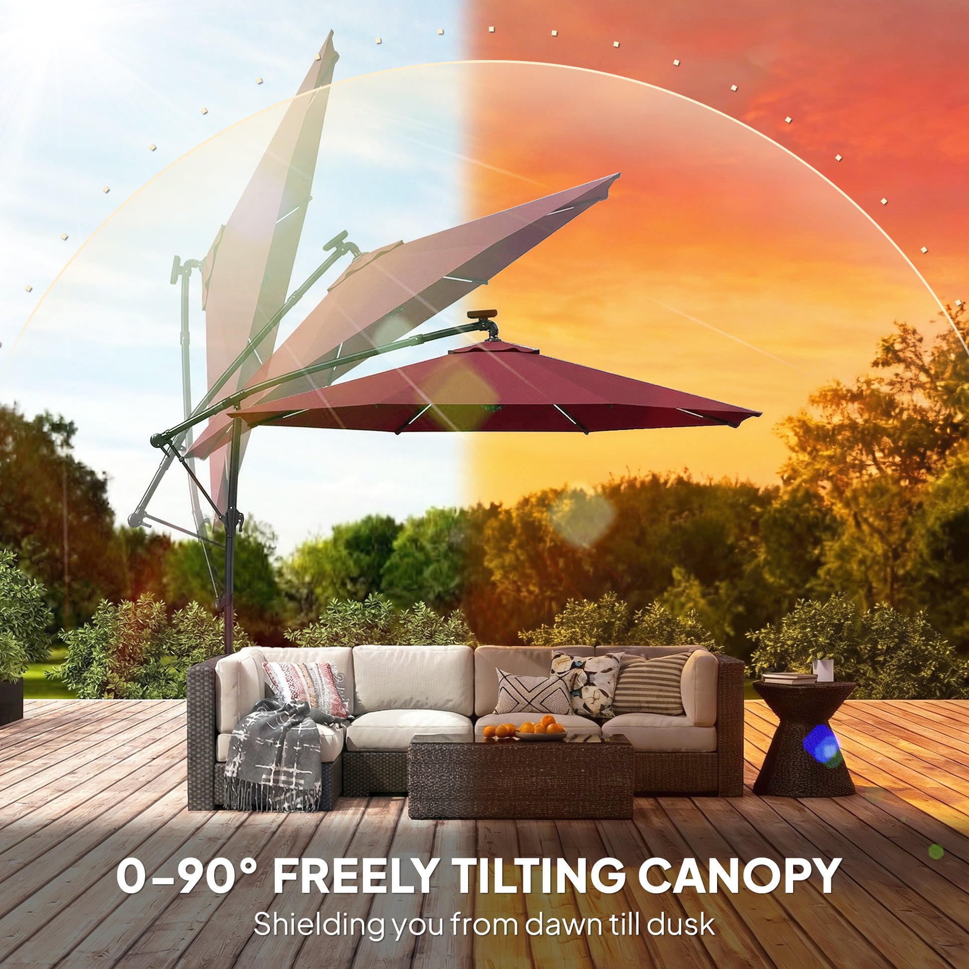 Outsunny 3 m Garden Cantilever Parasol with LED Solar Light, Round Overhanging Umbrella with 360Â° Rotation, Cover, Wine Red