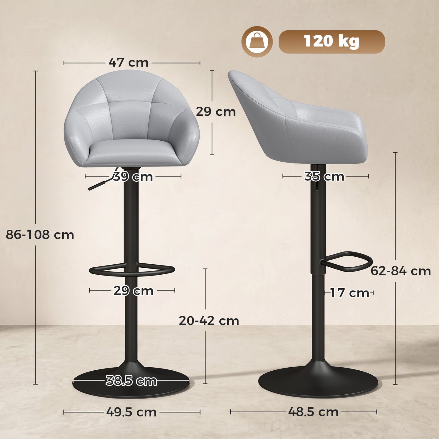 HOMCOM Bar Stools Adjustable Heights Breakfast Bar Stools Backrest Armrests Set of 2 with Rubber Ring Metal Base, Grey