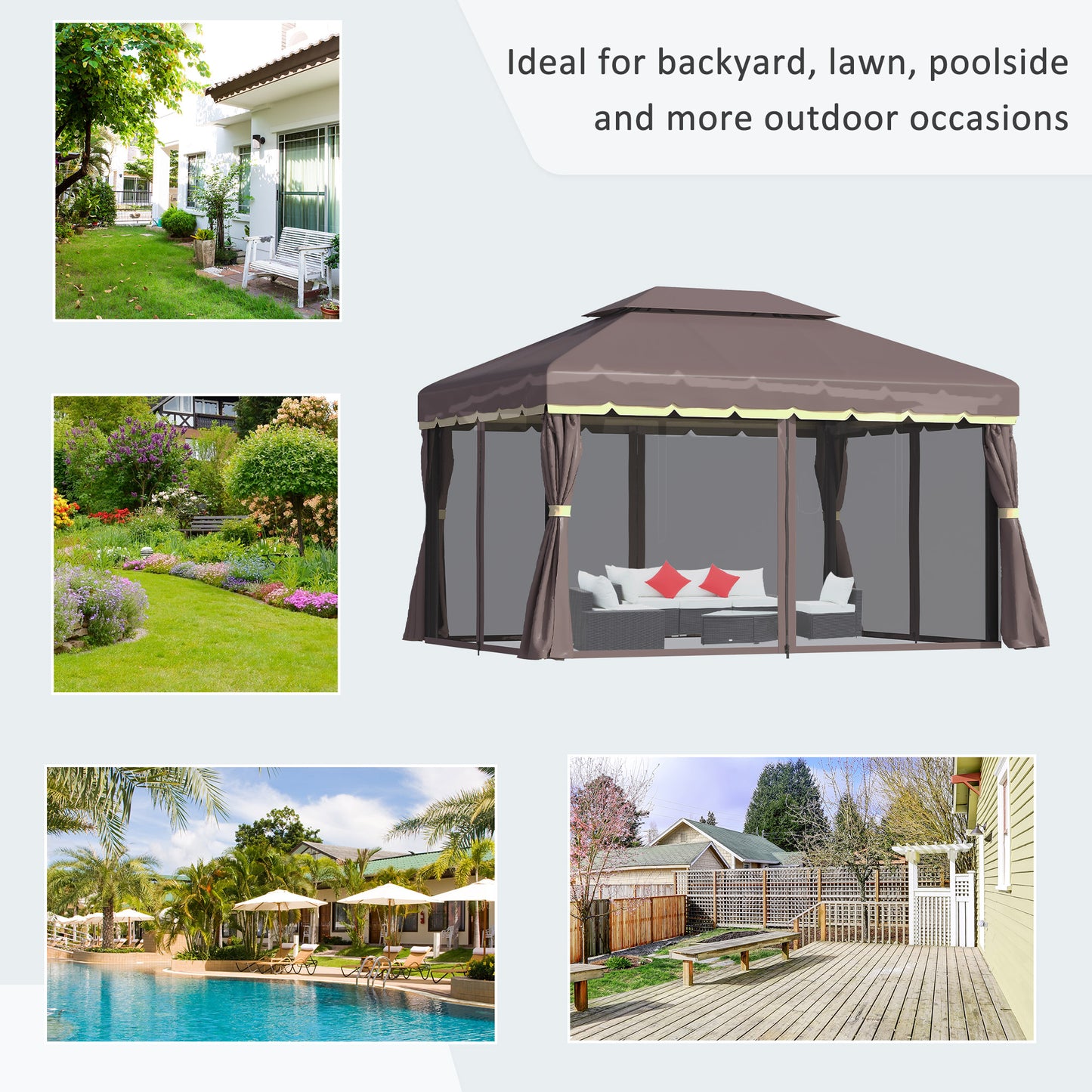 Outsunny 3 x 4m Aluminium GardenÂ Gazebo, Marquee Canopy Shelter Pavilion Party Tent with Nets and Curtains for Garden and Deck, Coffee