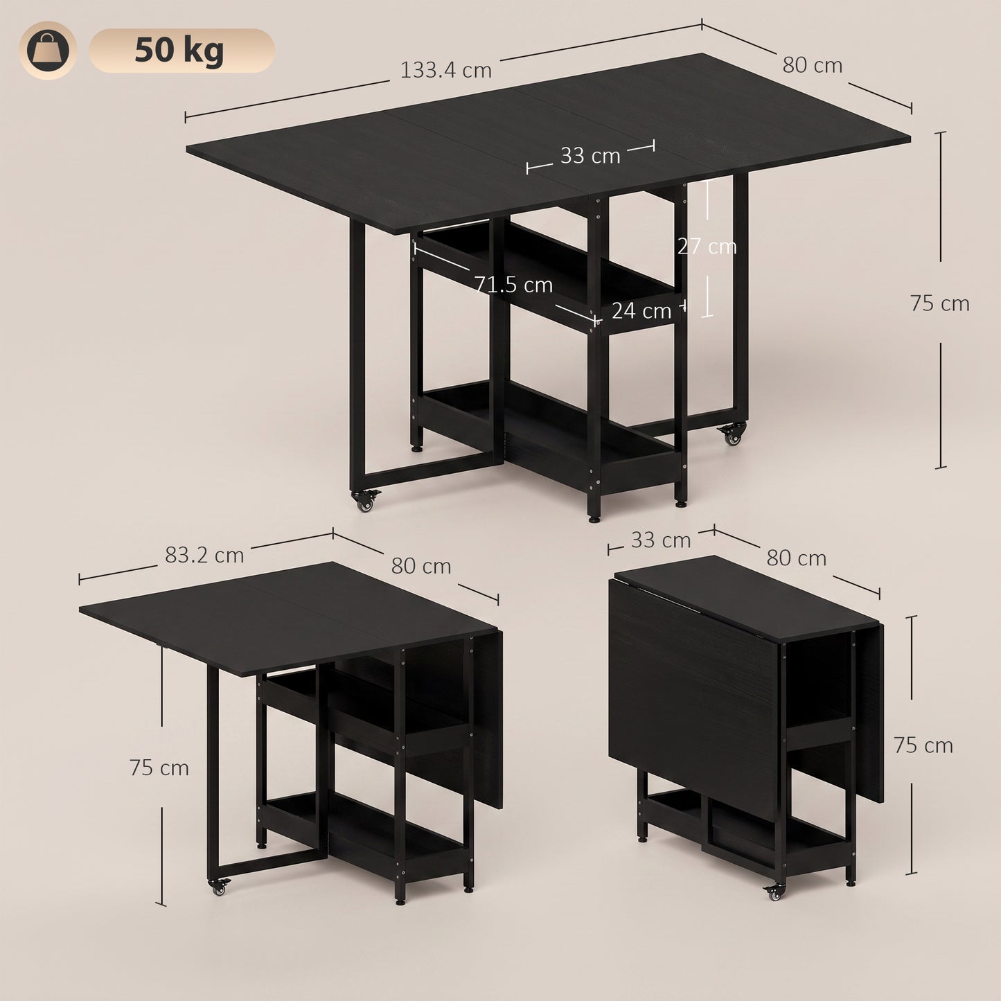 HOMCOM Four-Person Drop Leaf Table - Black Wood-Effect
