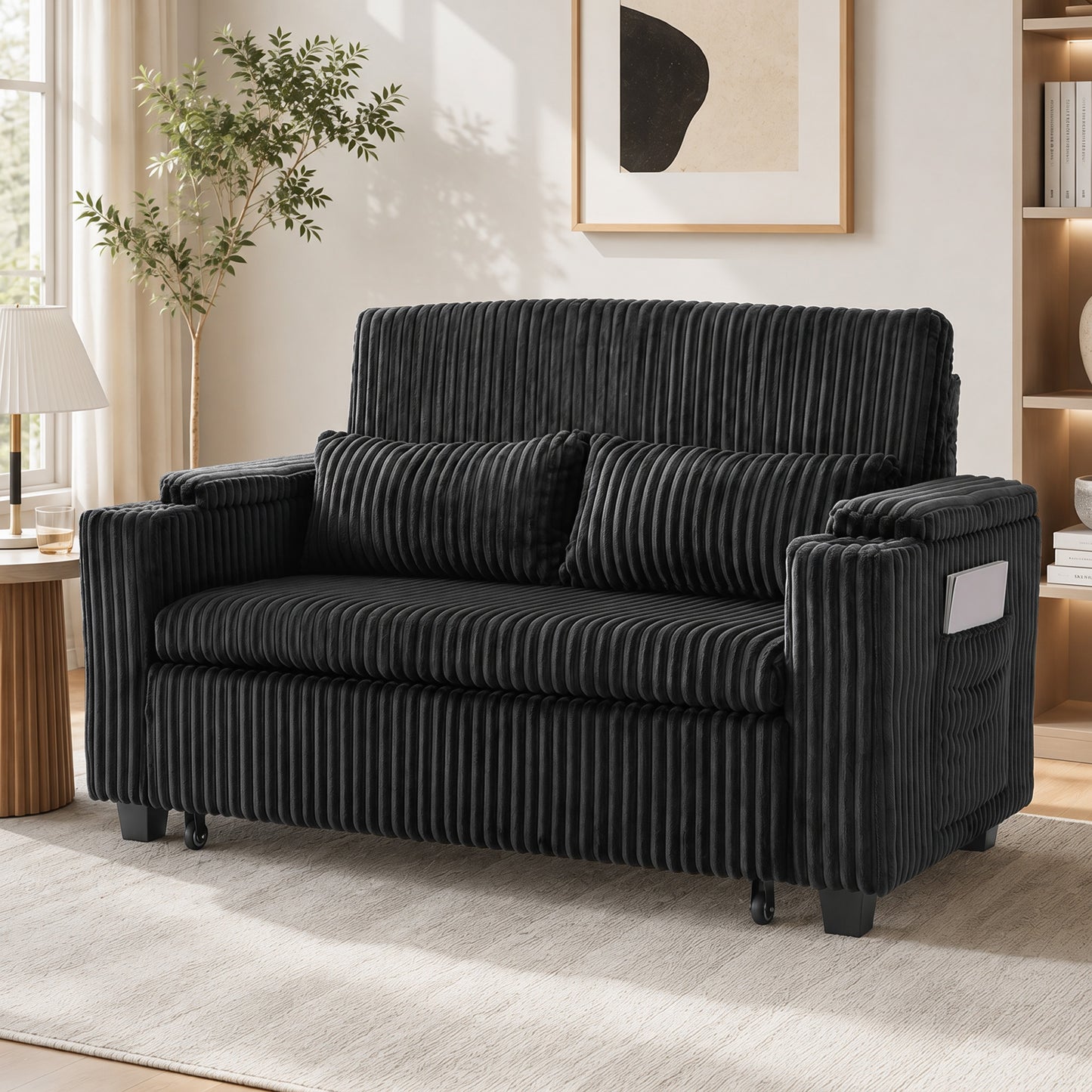 HOMCOM 2 Seater Sofa Bed, Pull Out Sleeper Sofa w/ Adjustable Backrest, Storage Armrests, Cup Holders, Side Pockets, Black
