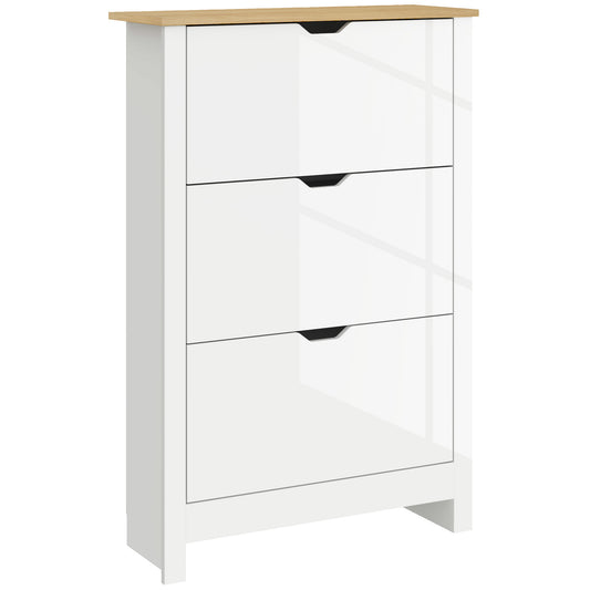 HOMCOM Slim Shoe Cabinet, Narrow Shoe Cupboard with 3 Flip Drawers, Adjustable Shelves for 18 Pairs of Shoes, High Gloss White