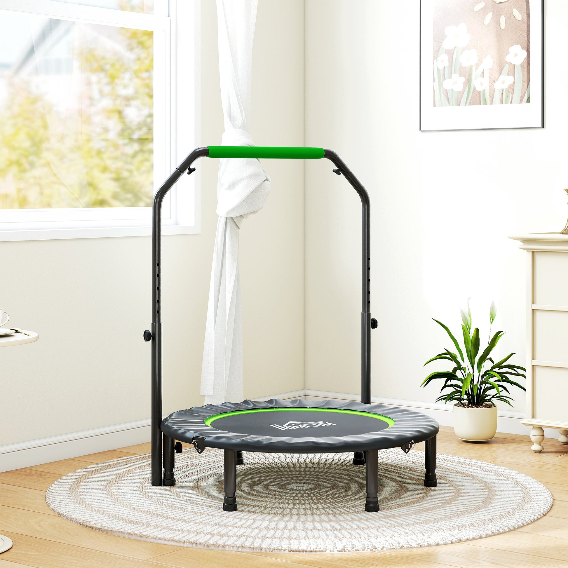 HOMCOM 40" Foldable Mini Fitness Trampoline, with Adjustable Foam Handle, Green - LiamsBargains.co.uk
