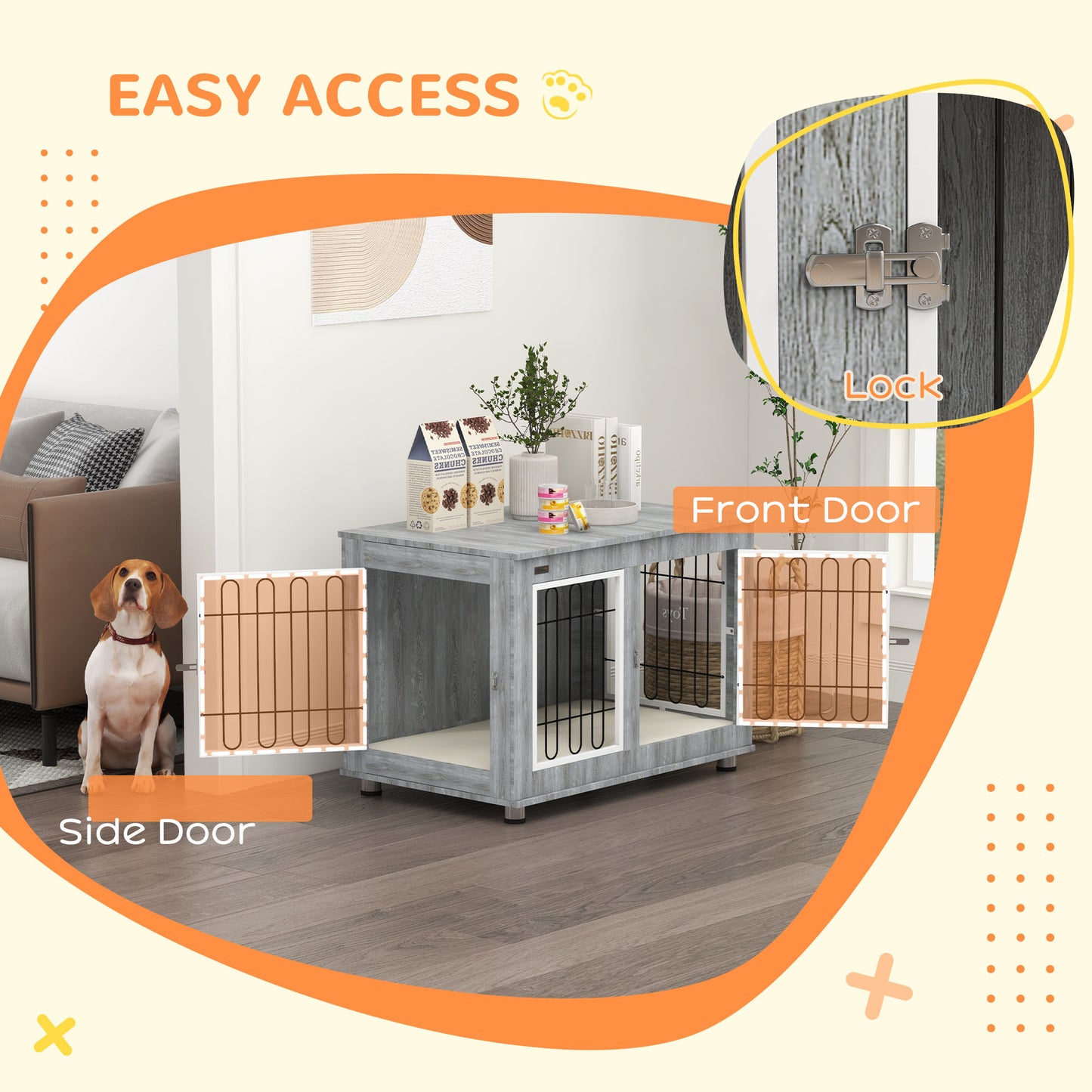 PawHut Dog Crate Furniture End Table, with Washable Cushion, Double Doors, for Medium/Large Dogs, Grey